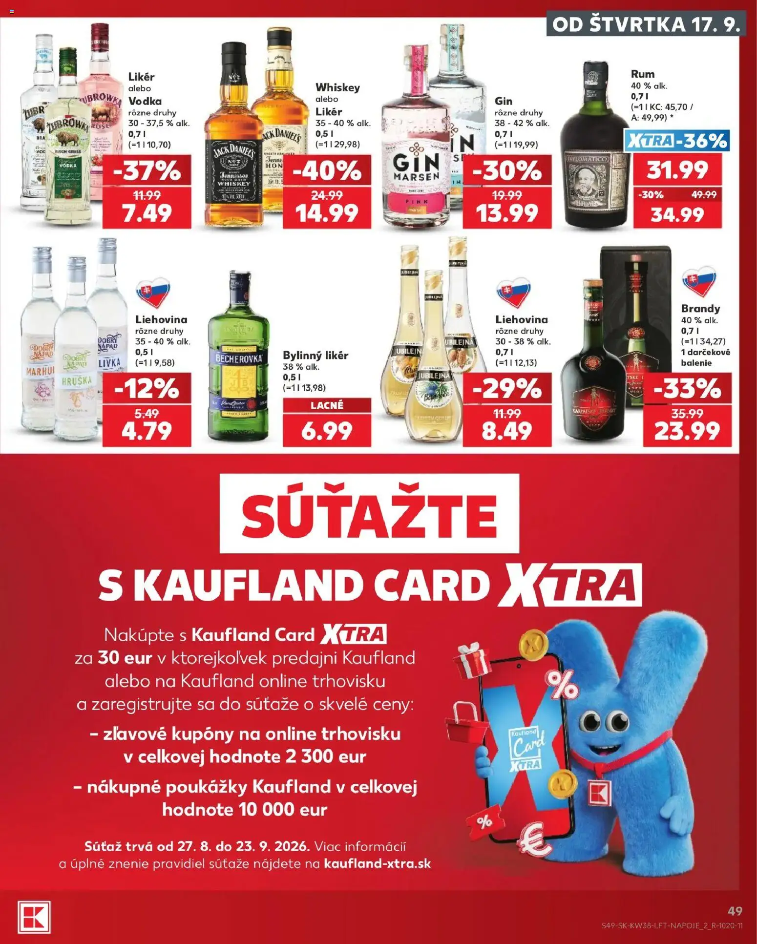 Kaufland SK akciós ujság - amely érvényes a következő dátumtól: 2026.09.17. | Oldal: 49 | Termékek: Jack Daniel’s, Żubrówka, Brandy, Vodka