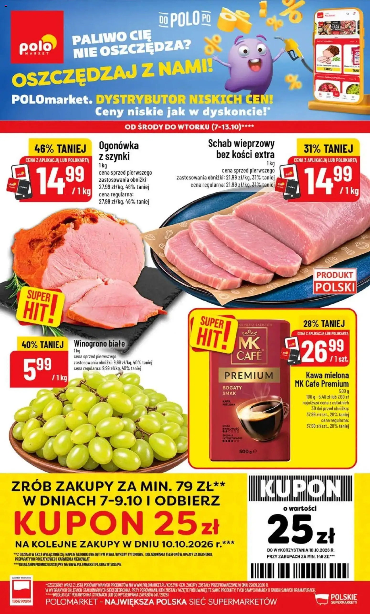 Nowa POLOmarket gazetka od jutra 07.10.2026 | Strona: 1 | Produkty: Winogrono, Schab, Kawa, Kawa mielona