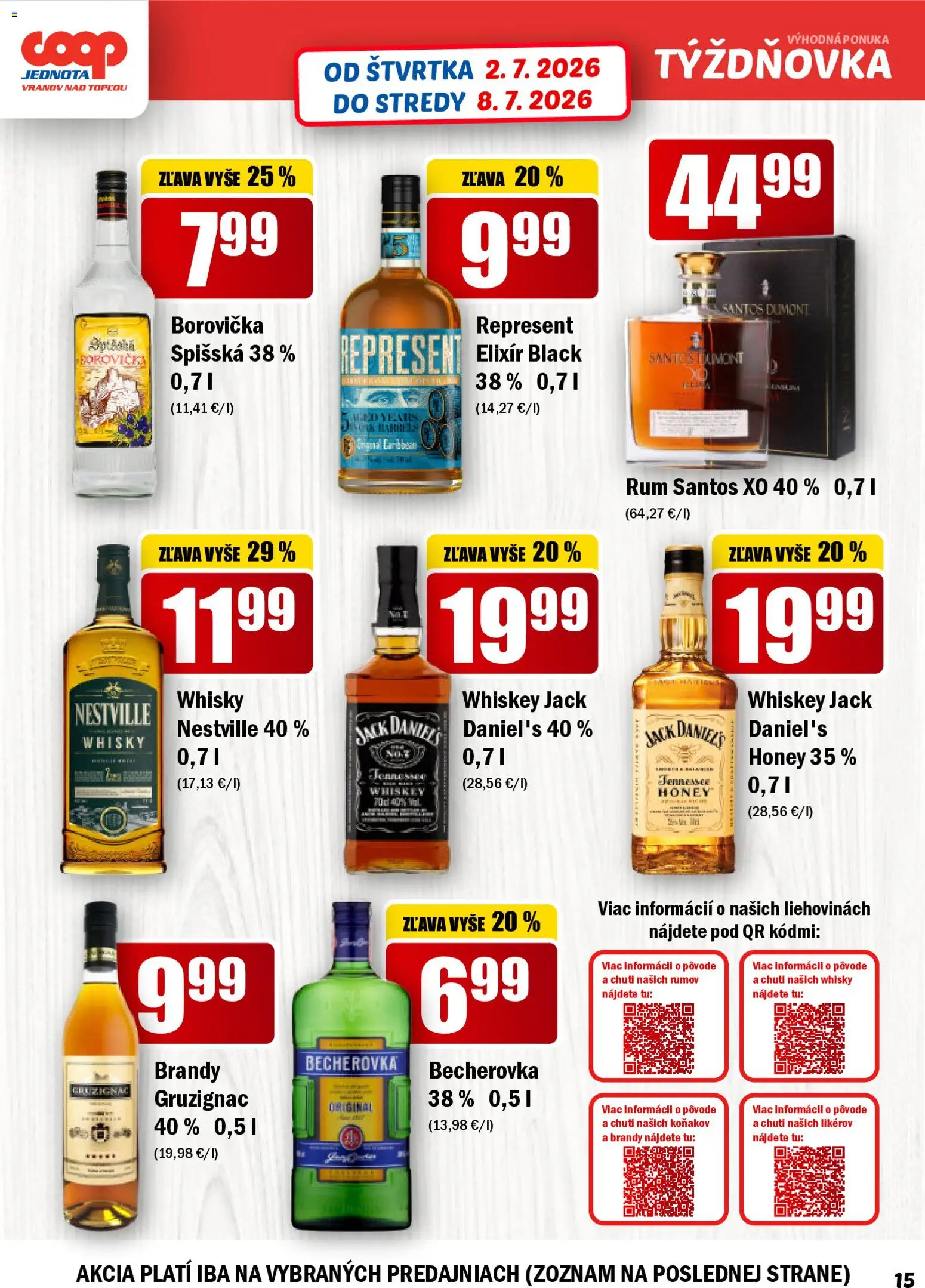 Nové COOP Jednota akcie – leták je platný od 02.07.2026 | Strana: 15 | Produkty: Brandy, Whisky, Rum, Jack Daniel's