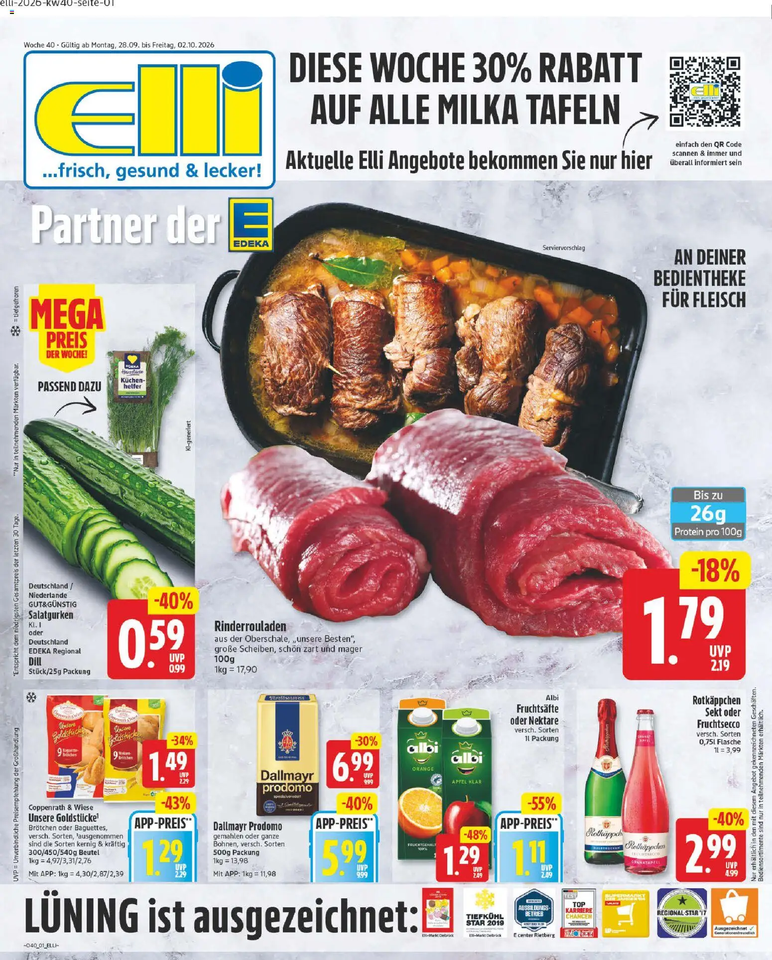 Elli Markt Prospekt Gütersloh – gültig ab 28.09.2026 | Seite: 1 | Produkte: Äpfel, Fruchtsecco, Rotkäppchen, Fleisch