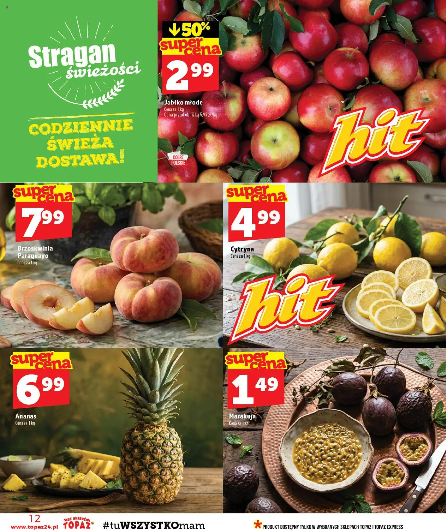 Topaz gazetka - MAZ od 27.08.2026 | Strona: 12 | Produkty: Cytryna, Brzoskwinia, Marakuja, Ananas