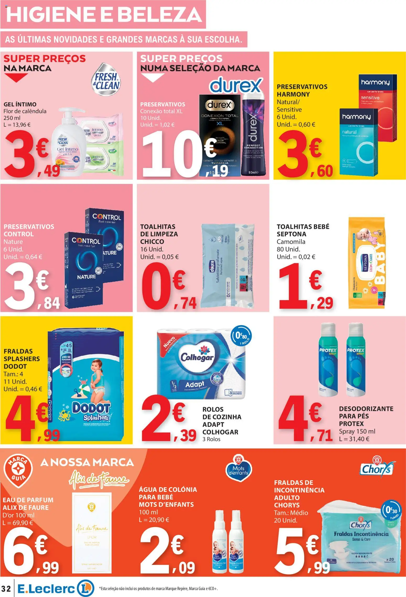 E.Leclerc folheto │ válido de 03/09/2026 | Página: 32 | Produtos: Agua, Fraldas, Água de colónia, Preservativos
