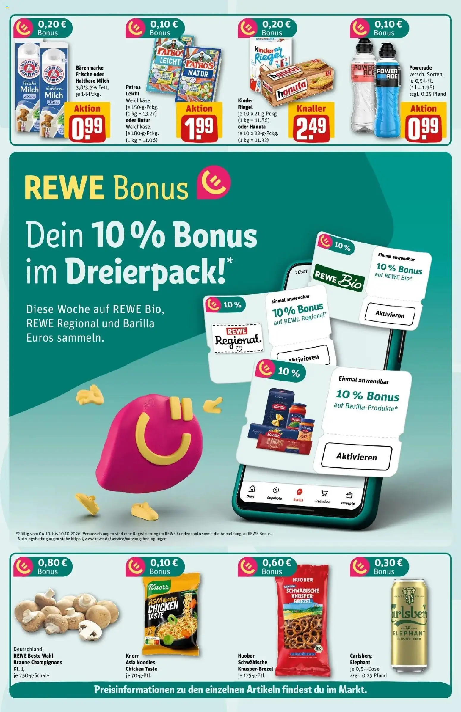 REWE Prospekt ab 05.10.2026 zum Blättern » Angebote | Seite: 4 | Produkte: Milch, Haltbare milch, Patros, Powerade