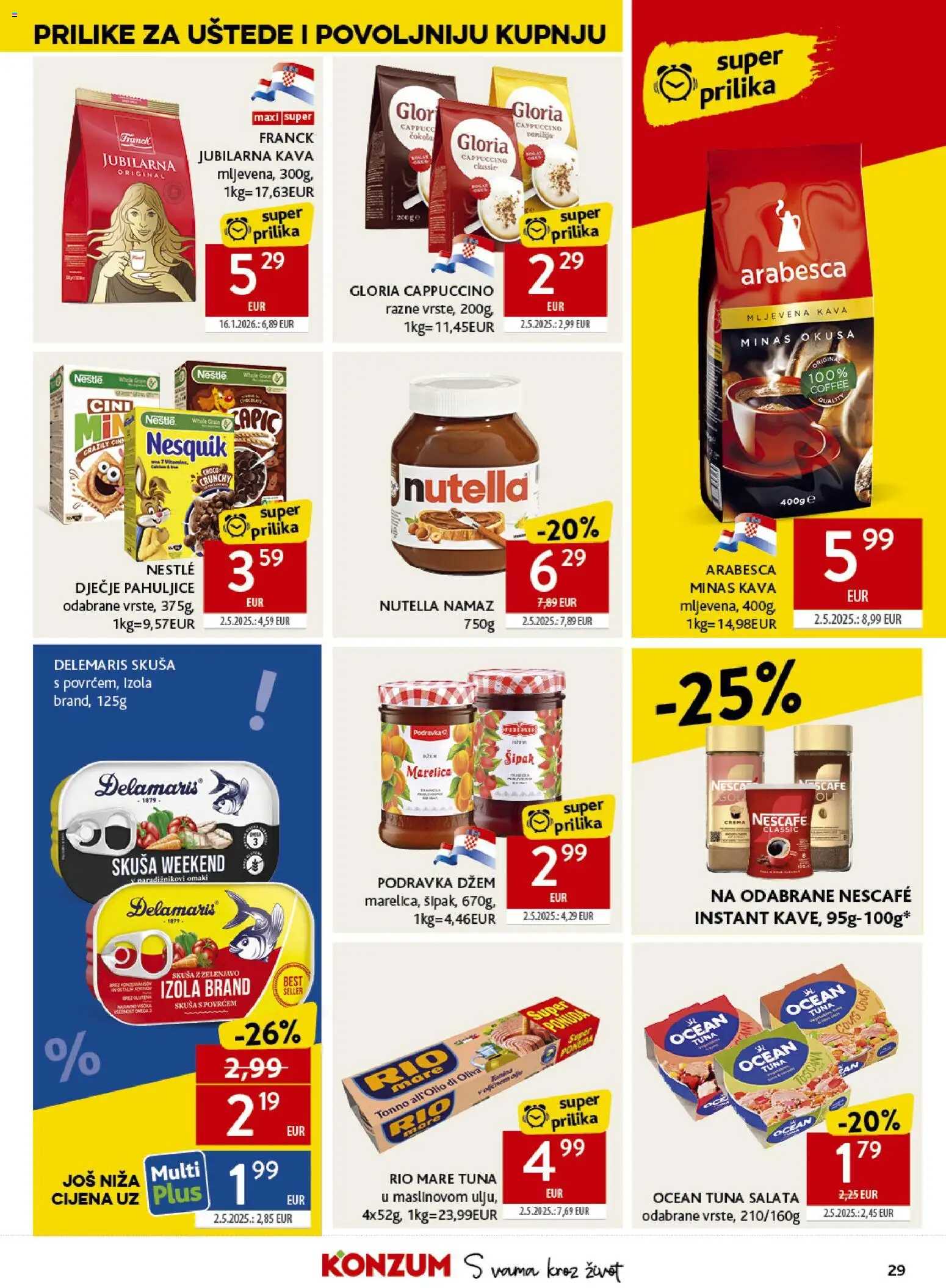 Konzum katalog | vrijedi od 17.06.2026 | Stranica: 29 | Proizvodi: Mljevena kava, Arabesca, Pahuljice, Skuša