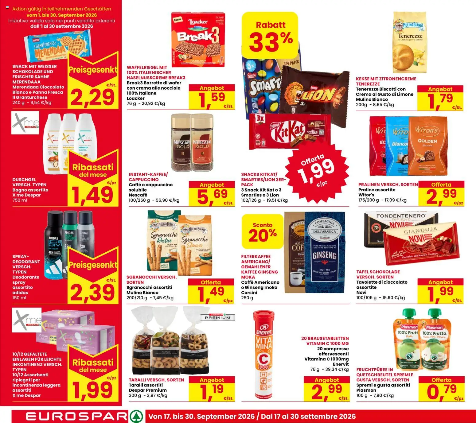 Volantino Eurospar del 17/09/2026 | Pagina: 20 | Prodotti: Deodorante, Nescafé, Bagno, Macinato