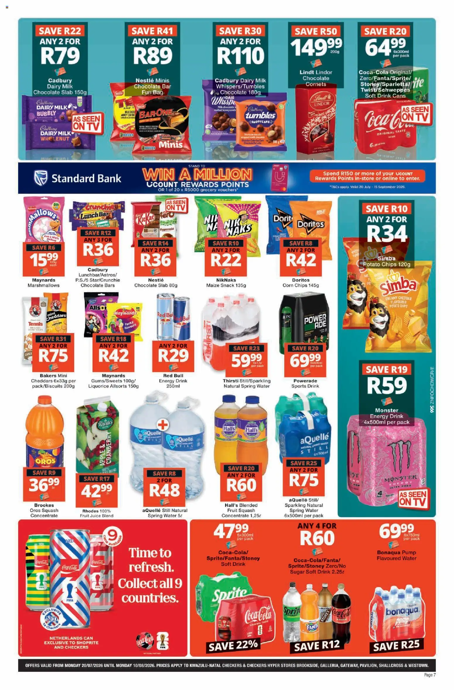 New Checkers catalogue – valid from 20/07/2026 | Page: 7 | Products: Squash, Chocolate, Chips, Water