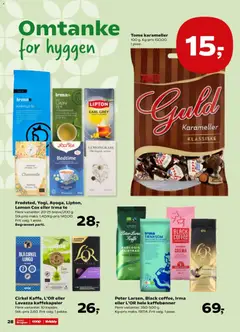 Fredsted, Yogi, Ayoga, Lipton, Lemon Cox eller Irma te, Flere varianter. 20-25 breve/200 g. Stk.pris maks. 1,40/Kg-pris 140,00. Frit valg. 1 æske. gyldig fra 26/06/2026 | Side: 30 | Produkter: Kaffe, Te, Bønner, Karameller