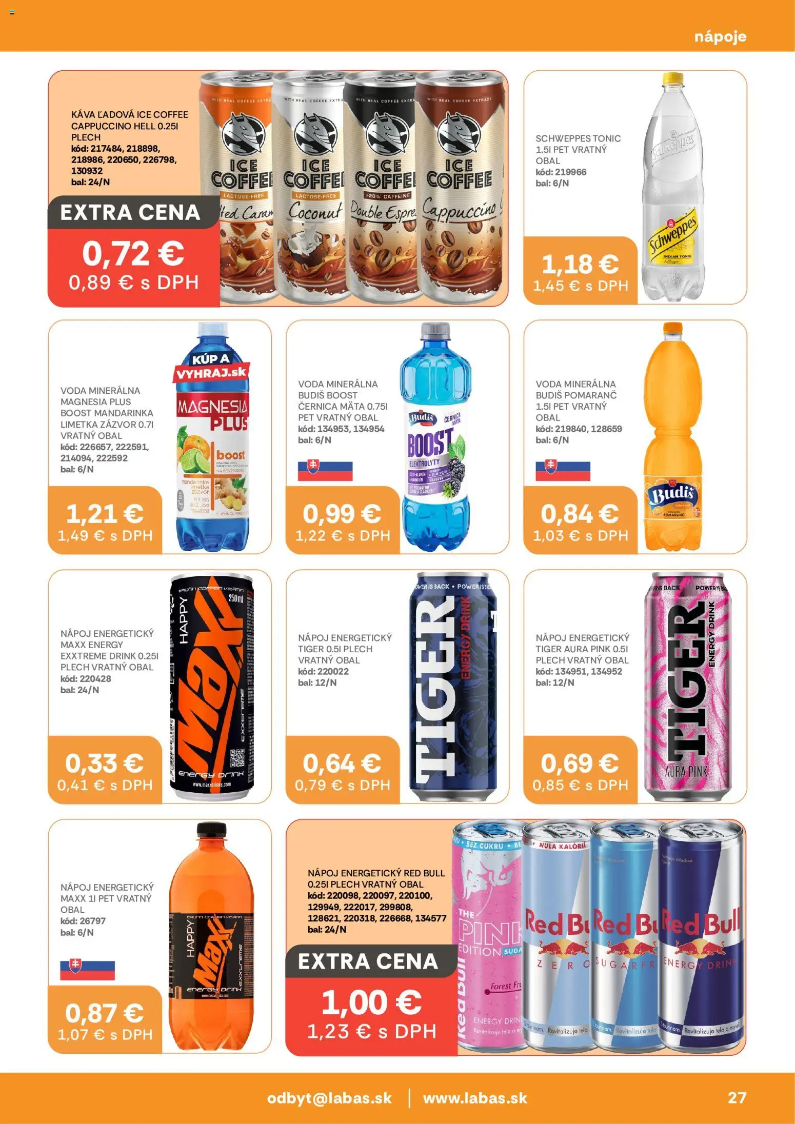 Nové Labaš akcie – leták je platný od 14.08.2026 | Strana: 27 | Produkty: Káva, Nápoje, Tonic, Voda