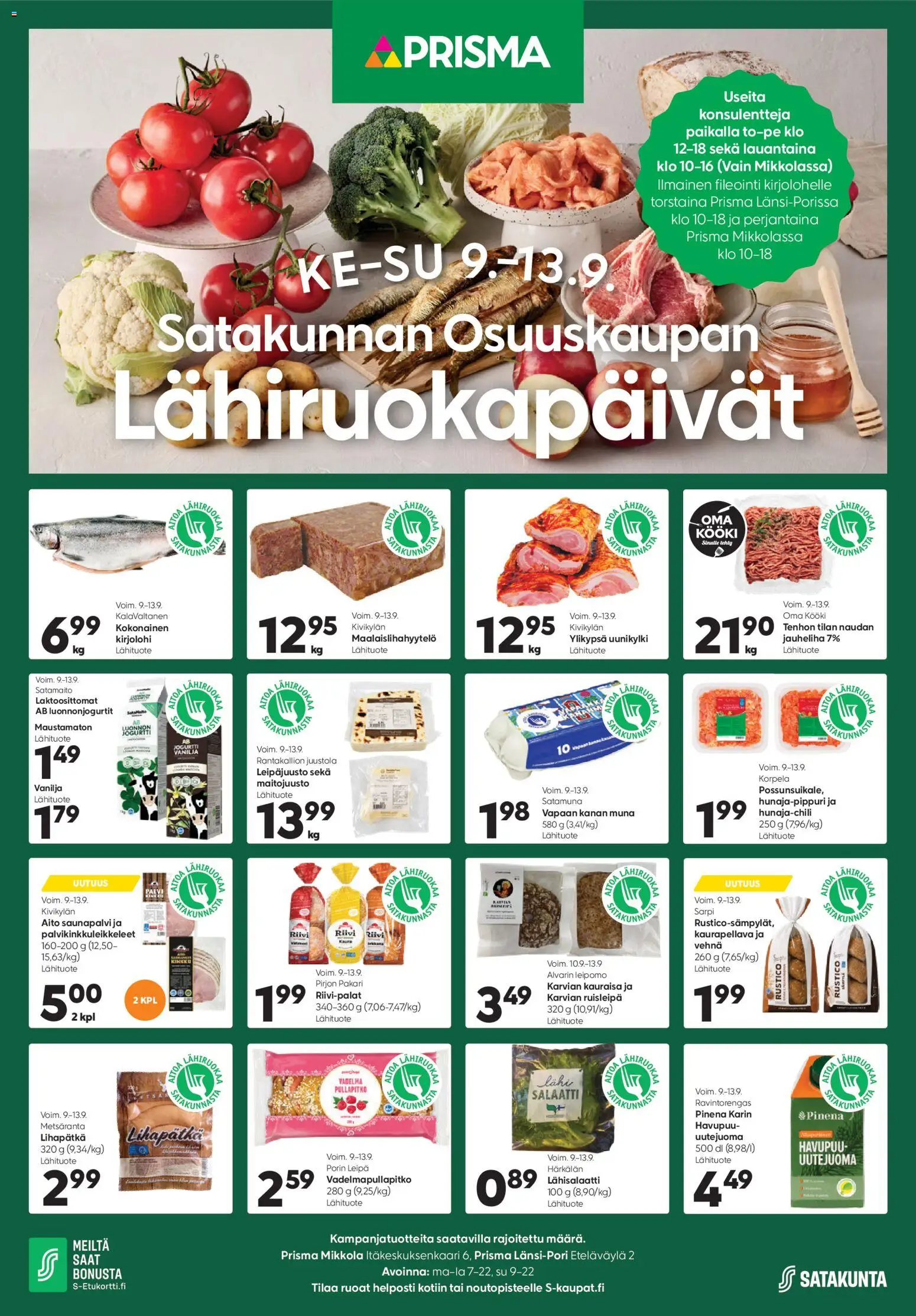 Prisma - Satakunnan Osuuskaupan – voimassa 09/09/2026 alkaen | Sivu: 1 | Tuotteet: Vadelma, Kokonainen, Leipomo, Salaatti