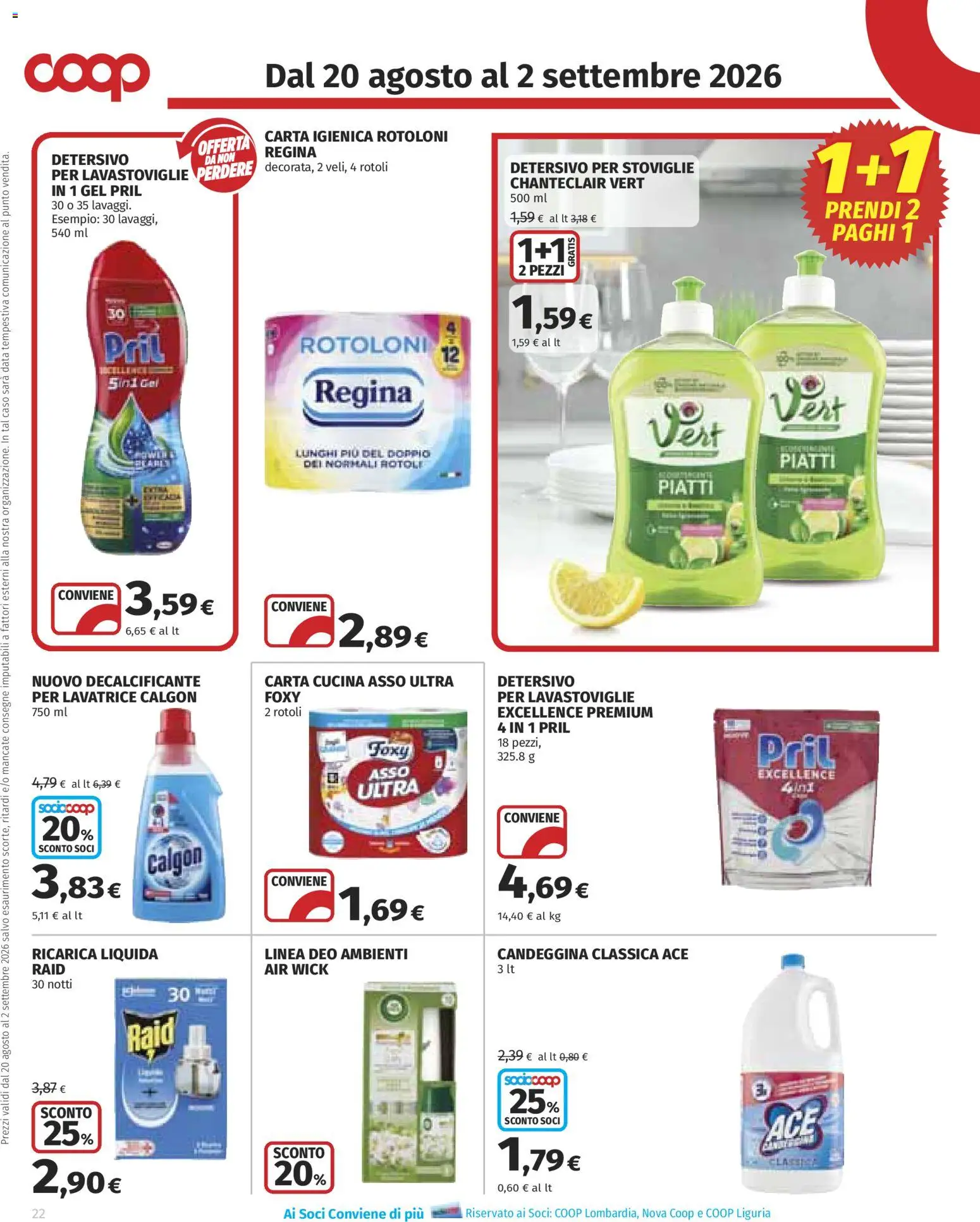 Volantino COOP del 20/08/2026 | Pagina: 22 | Prodotti: Candeggina, Lavastoviglie, Data, Decalcificante