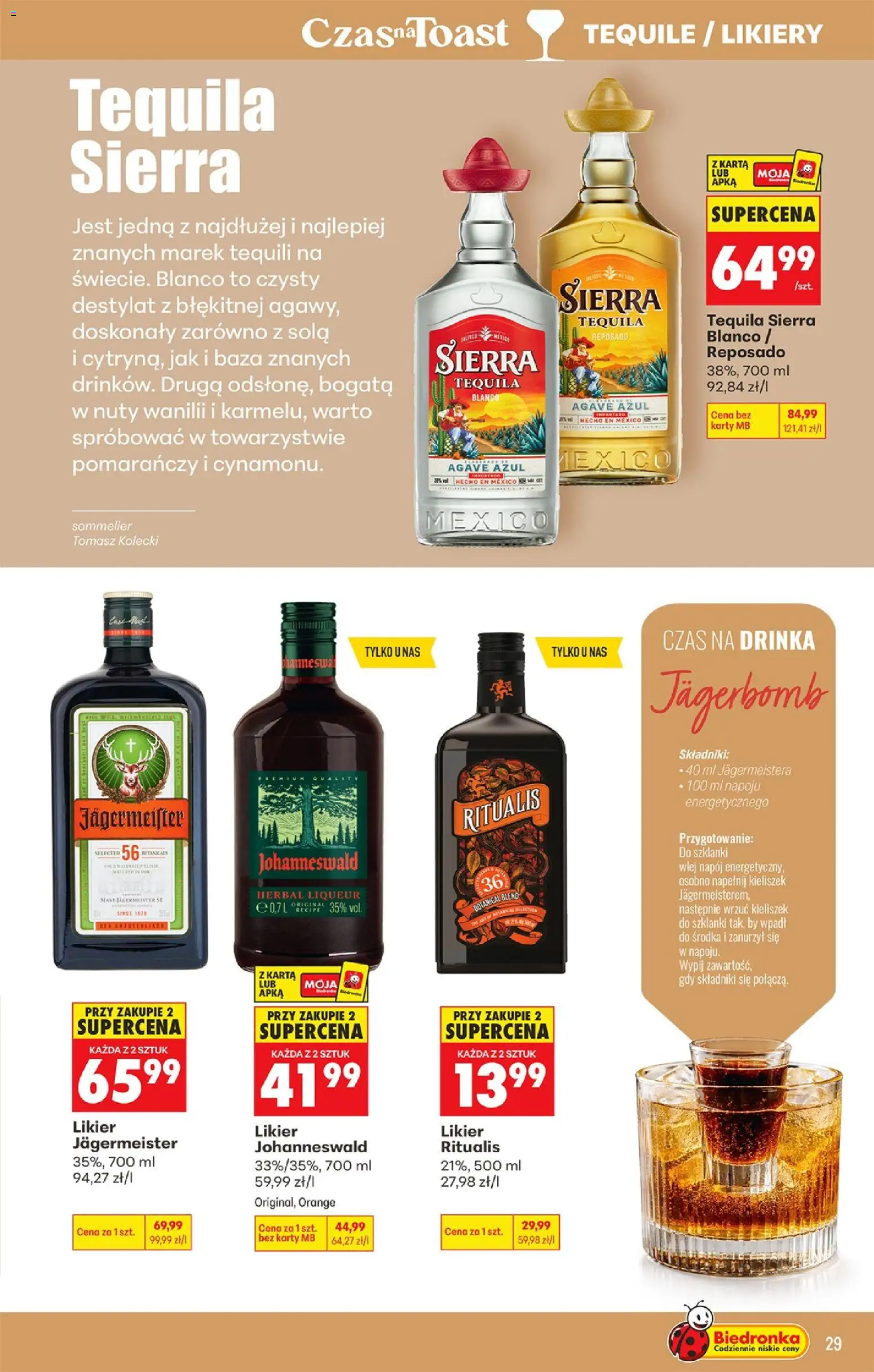 Biedronka gazetka - Czas na toast od 29.06.2026 | Strona: 29 | Produkty: Tequila Sierra, Tequila, Jagermeister, Szklanki