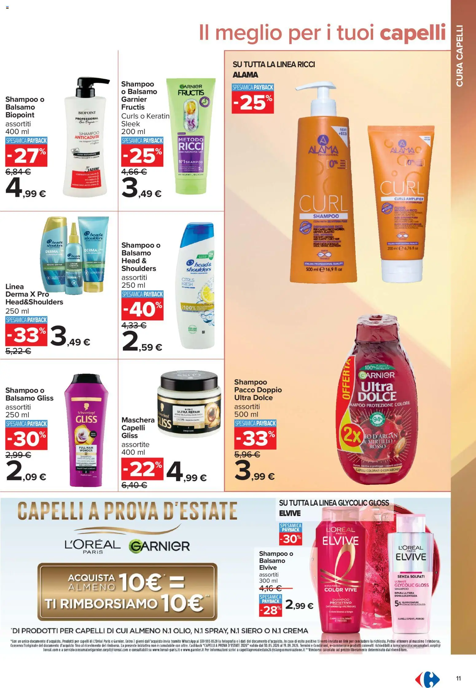 Volantino Carrefour del 10/07/2026 | Pagina: 11 | Prodotti: Shampoo, Balsamo, Maschera, Elastici