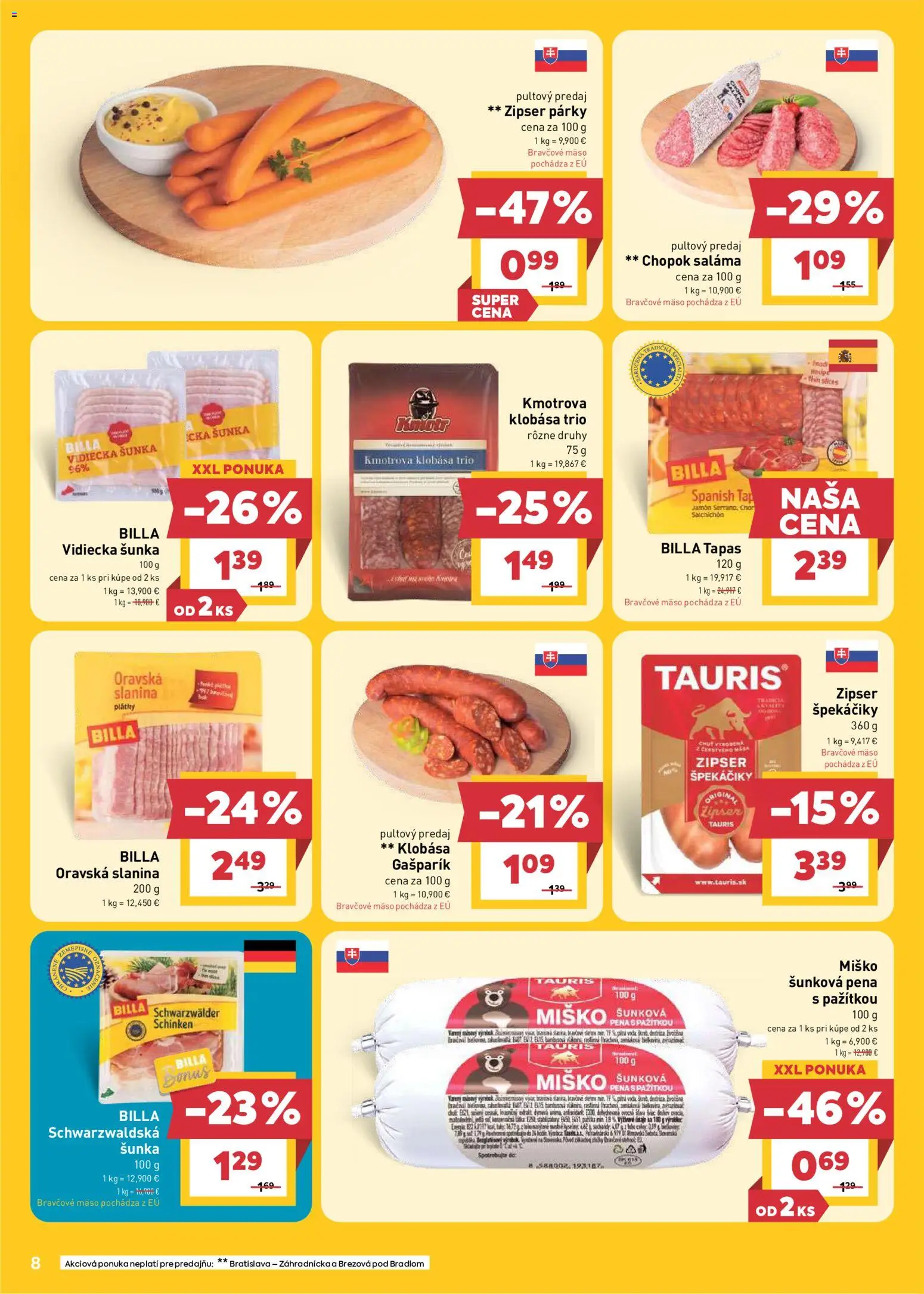 Nové Billa akcie – leták je platný od 10.06.2026 | Strana: 8 | Produkty: Šunka, Slanina, Klobása, Bravčové mäso