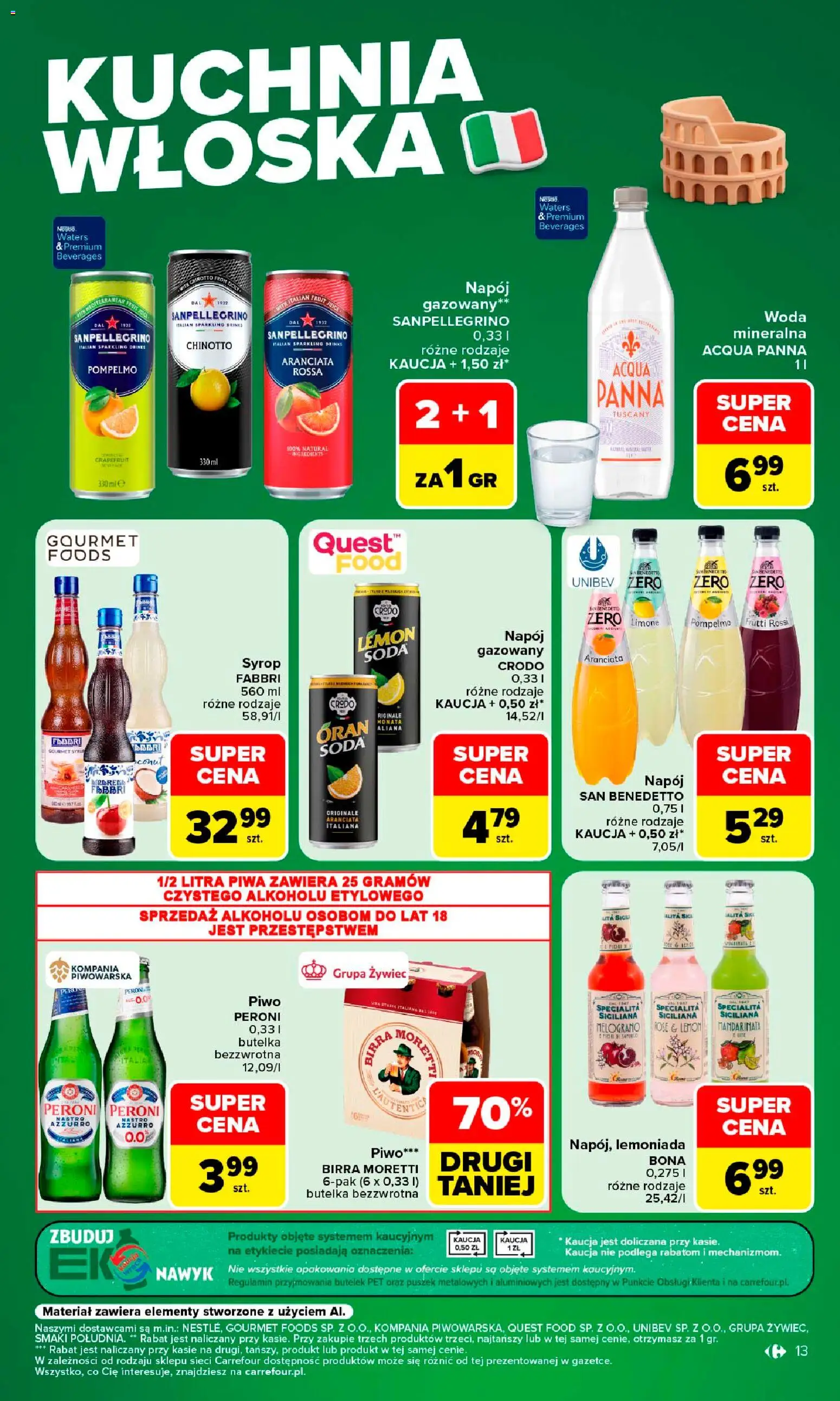 Carrefour gazetka - Kuchnia wloska od 10.08.2026 | Strona: 13 | Produkty: Syrop, Lemoniada, Piwo, Woda