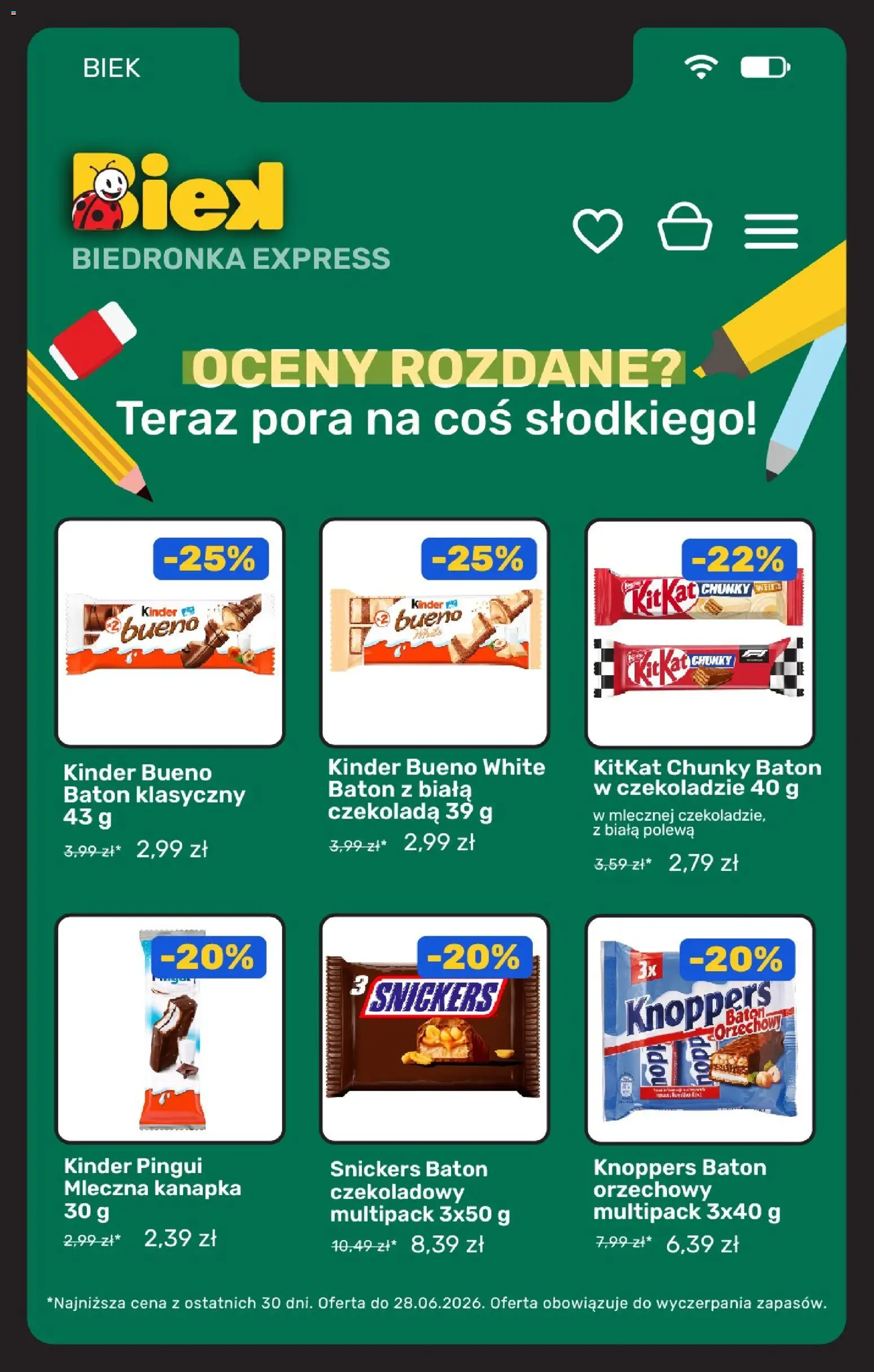 Biedronka gazetka - Biek od 26.06.2026 | Strona: 23 | Produkty: Knoppers, Kinder Bueno, Baton, Czekolada