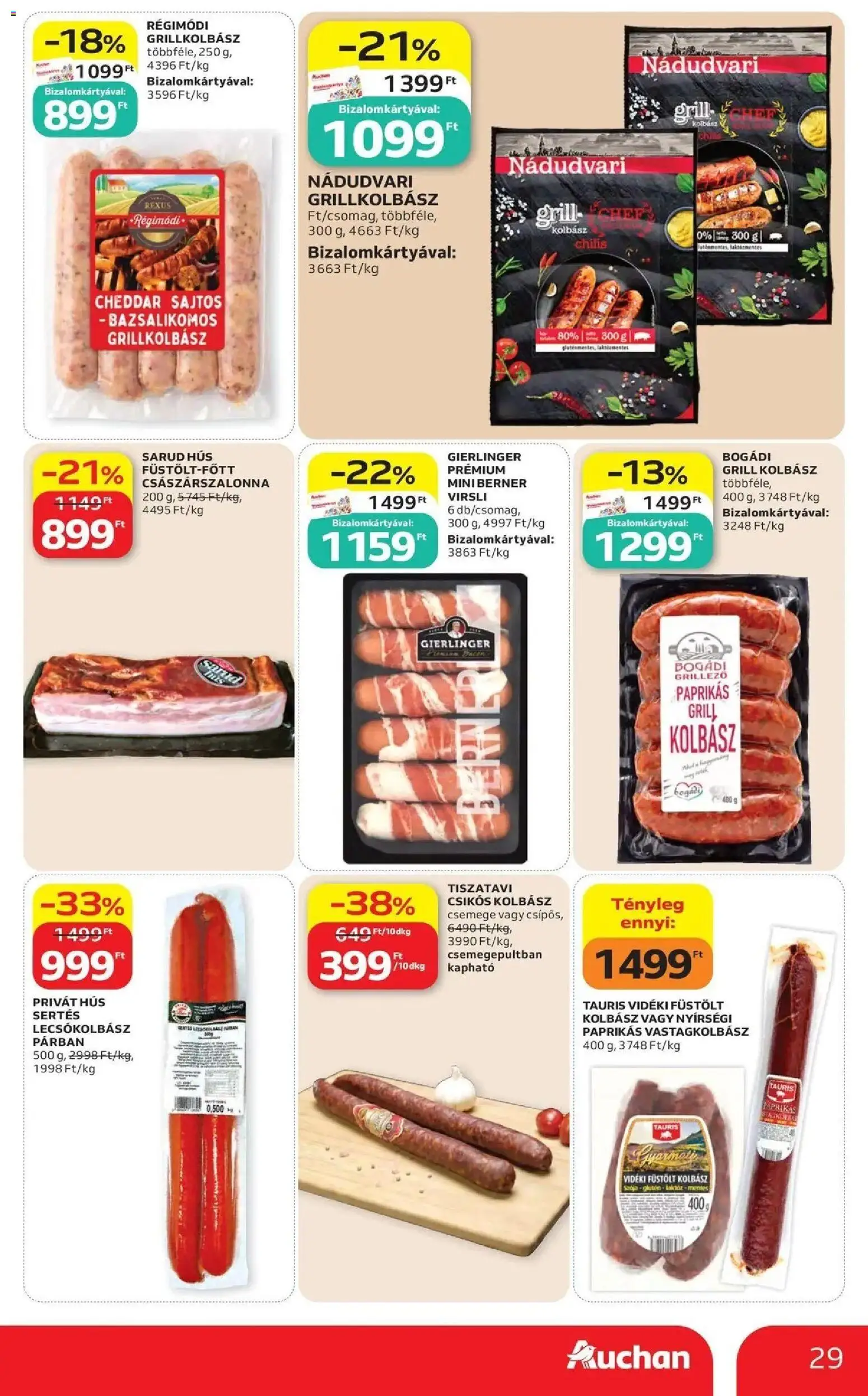 Auchan akciós ujság - amely érvényes a következő dátumtól: 07.05.2026 | Oldal: 29 | Termékek: Virsli, Kolbász, Grill, Lecsókolbász
