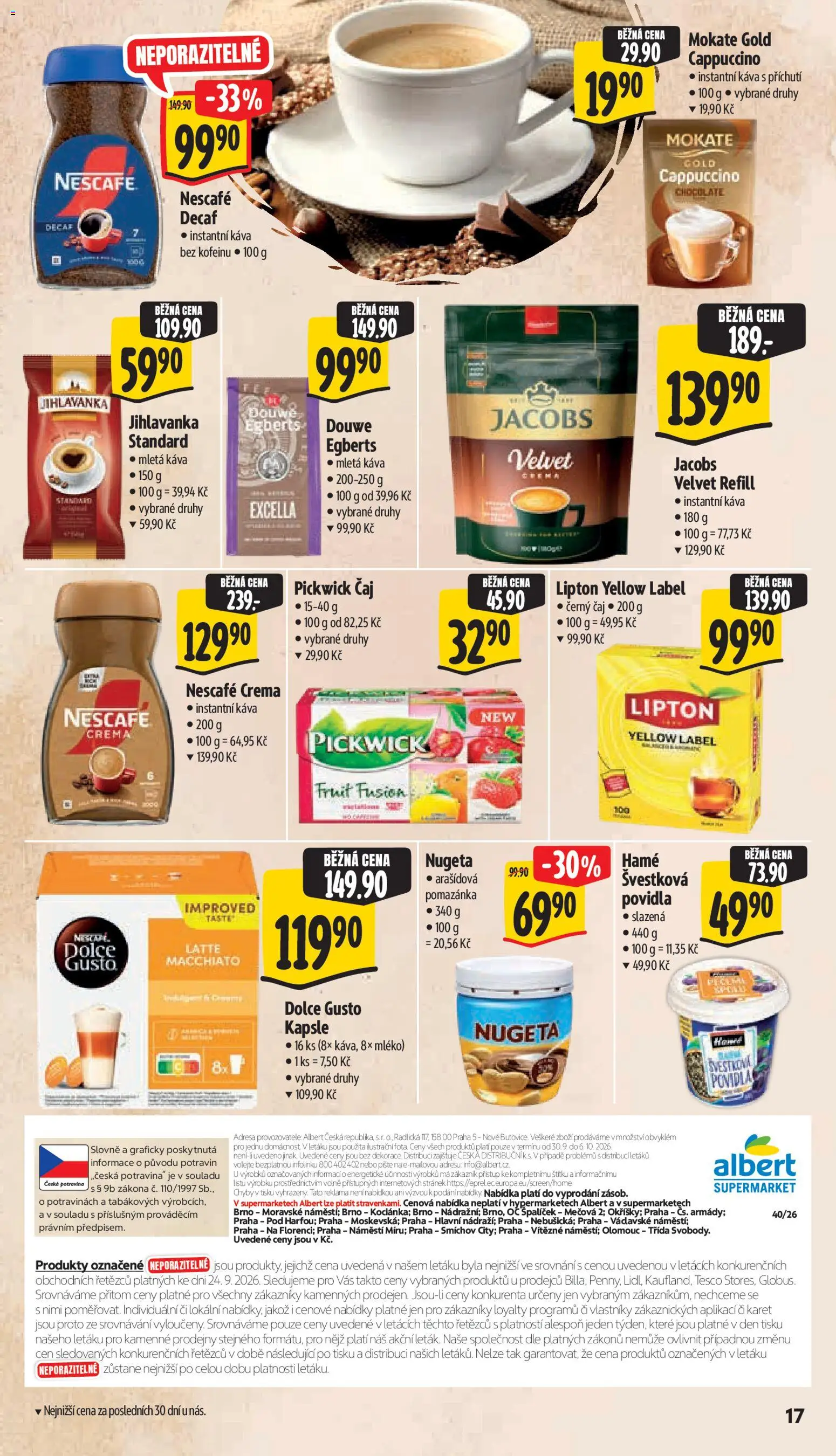 Albert leták - Supermarket od 30.09.2026 | Strana: 27 | Produkty: Instantní káva bez kofeinu, Čaj, Nugeta, Cappuccino