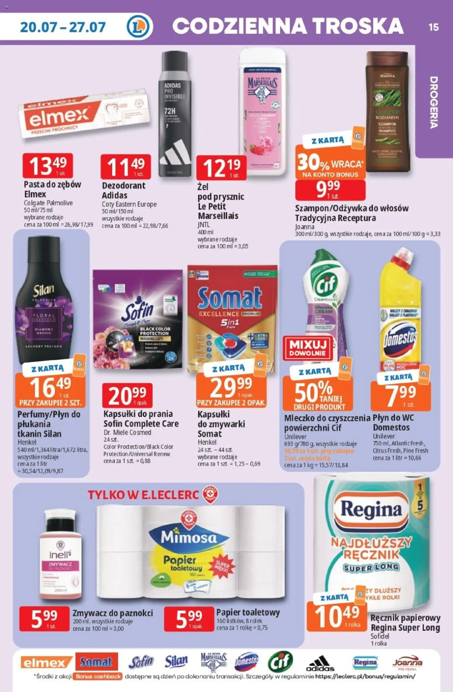 E.Leclerc gazetka od 20.07.2026 | Strona: 14 | Produkty: Drogeria, Kapsułki do prania, Szampon, Pasta do zębów