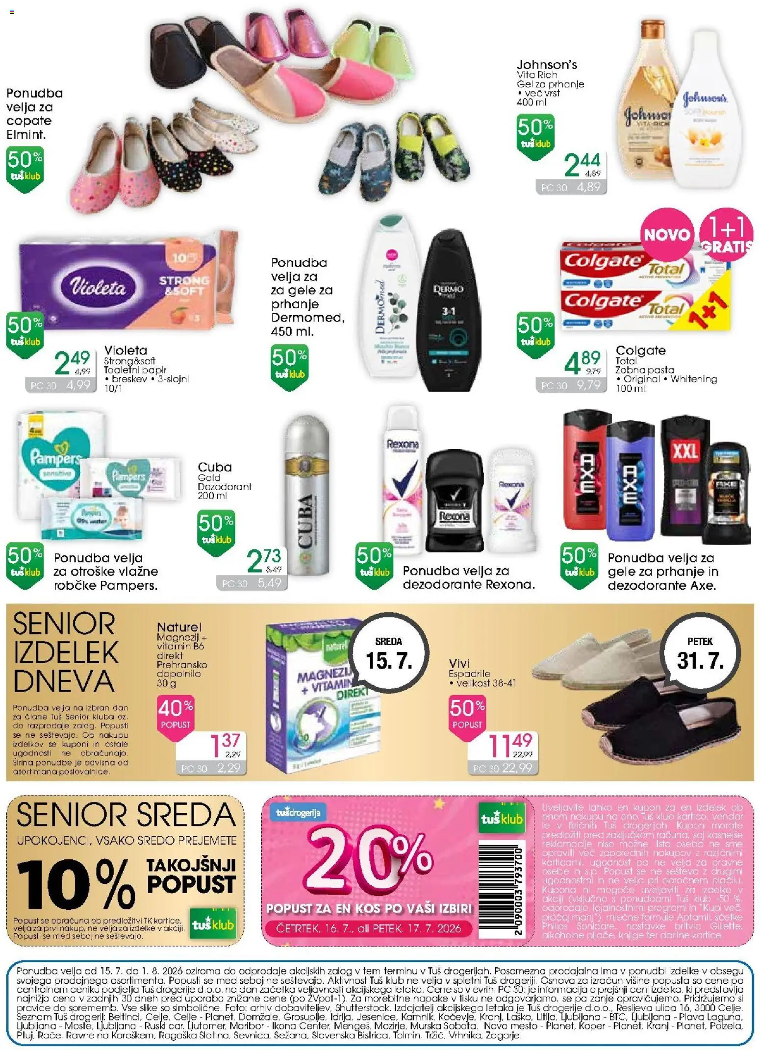 Novi Tuš drogerija katalog ponudbe – veljaven od 15.07.2026 | Stran: 16 | Izdelki: Gel za prhanje, Toaletni papir, Kos, Espadrile