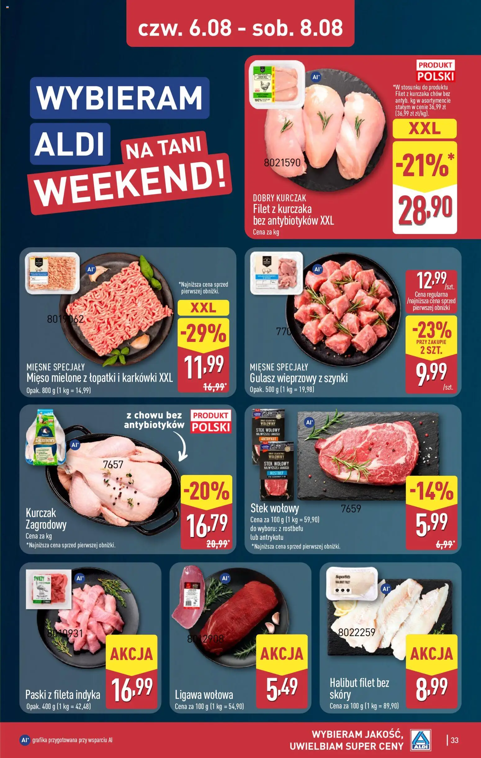 Aldi gazetka od 03.08.2026 | Strona: 33 | Produkty: Mięso, Filet z kurczaka, Halibut, Gulasz
