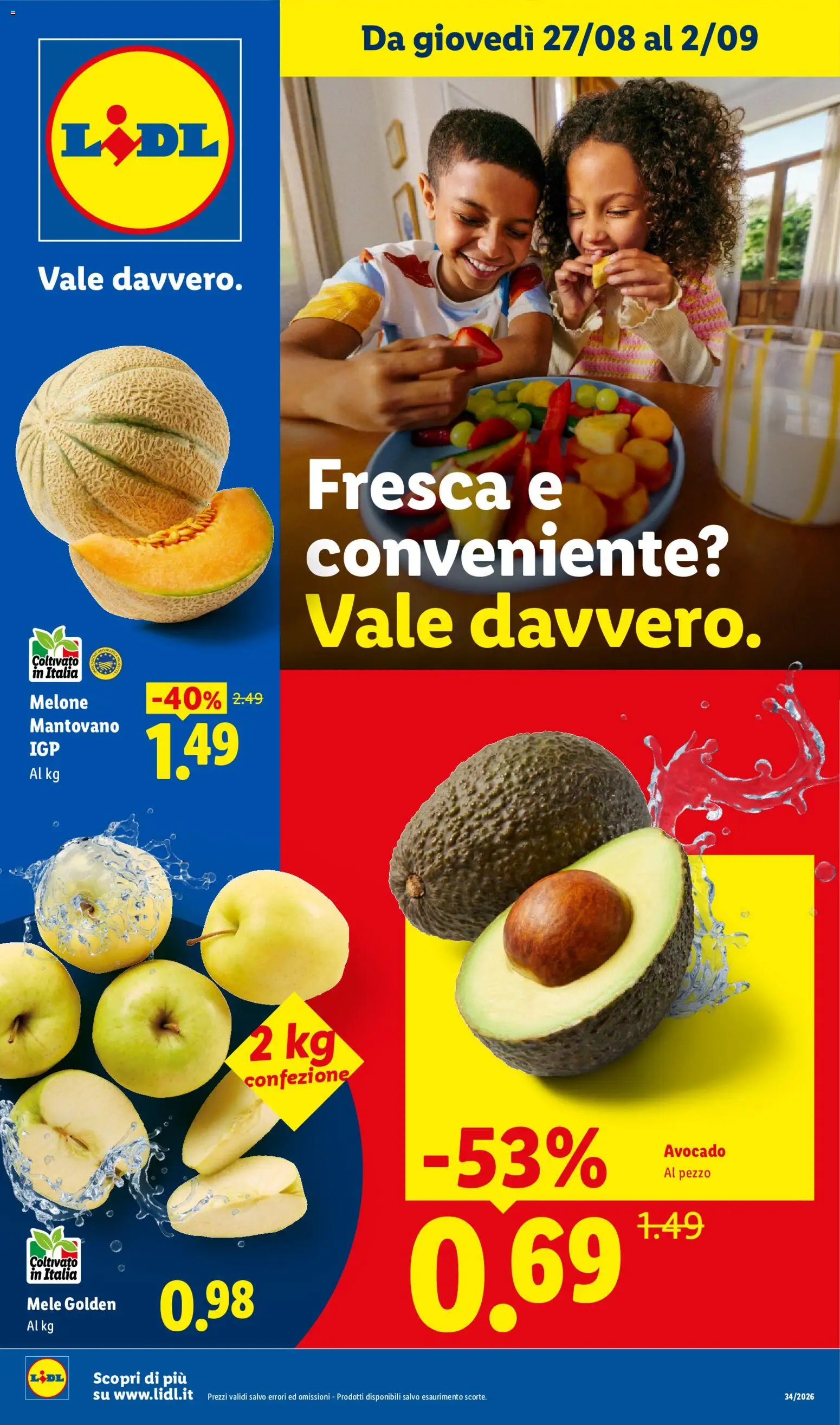 Volantino Lidl del 27/08/2026 | Pagina: 1 | Prodotti: Mele, Avocado, Melone