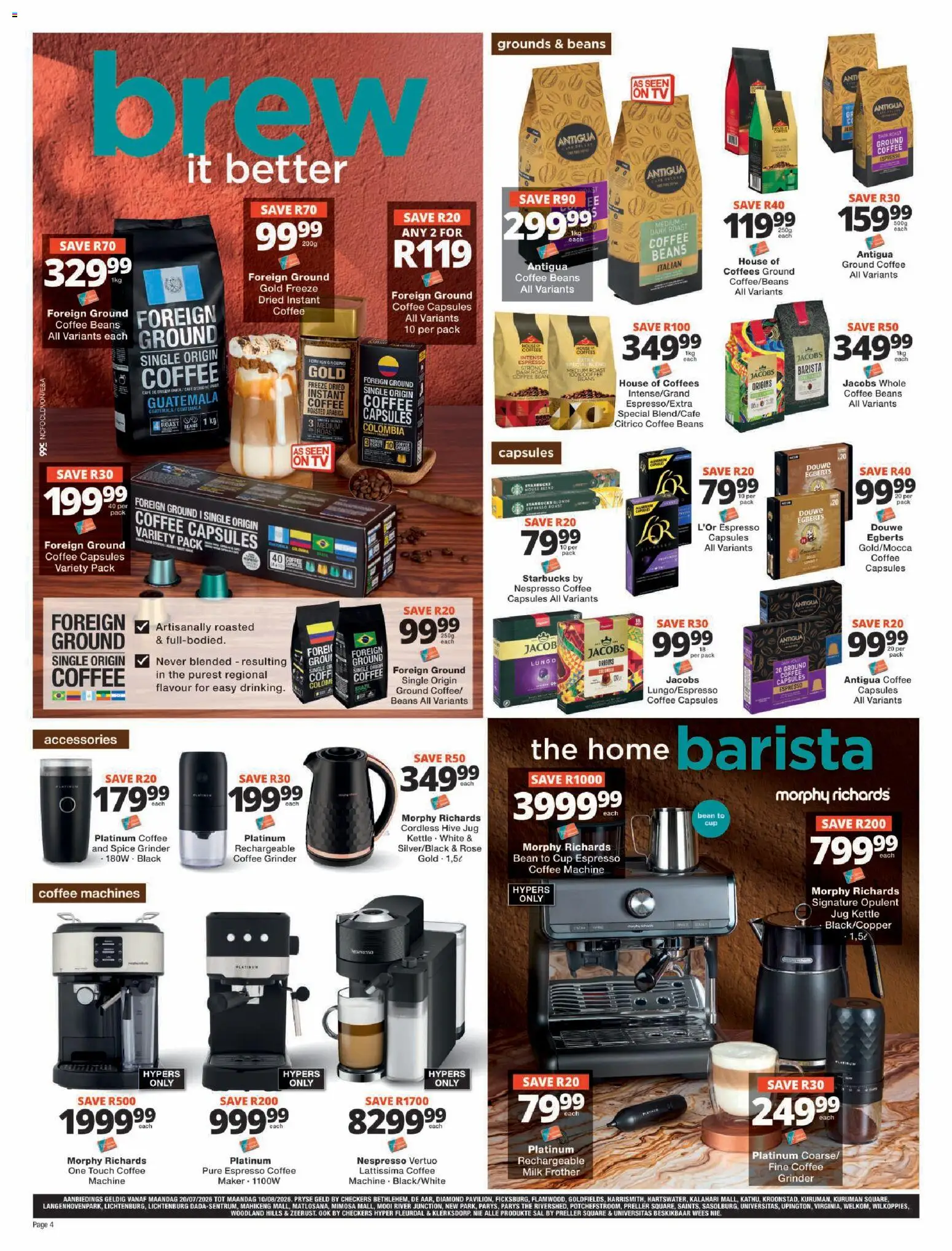 New Checkers catalogue – valid from 20/07/2026 | Page: 4 | Products: Beans, Kettle, Coffee grinder, Coffee