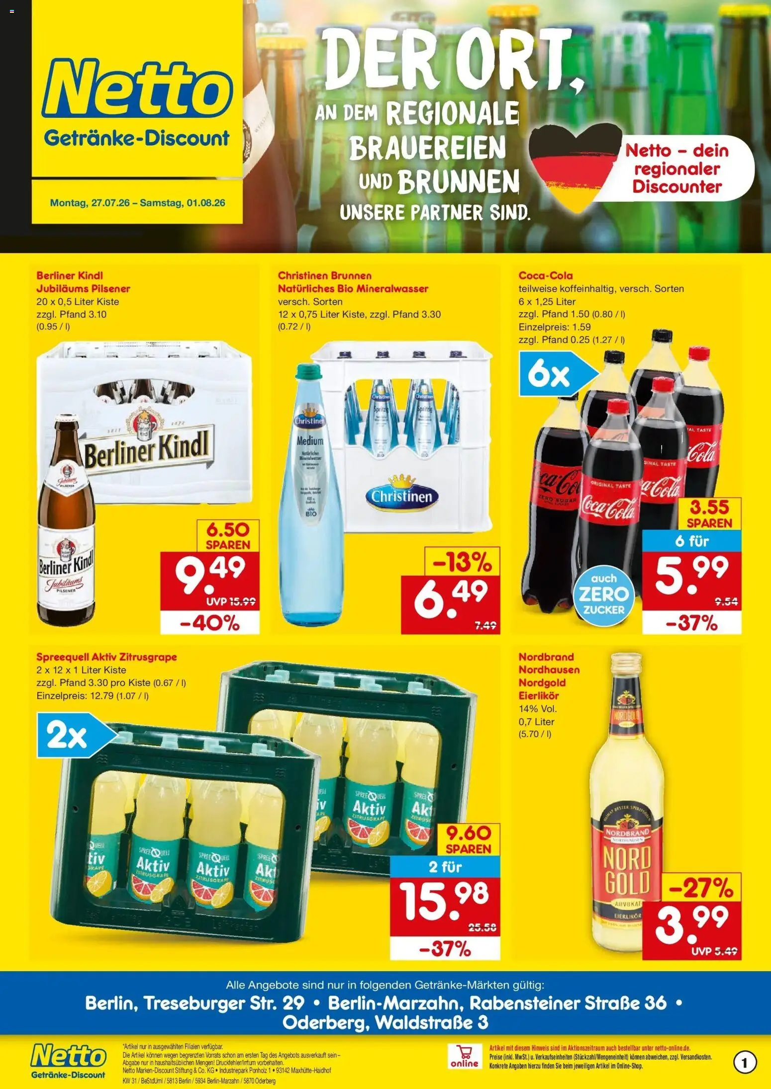 Netto Marken-Discount Prospekt Berlin – gültig ab 27.07.2026 | Seite: 1 | Produkte: Berliner, Cola, Mineralwasser, Zucker