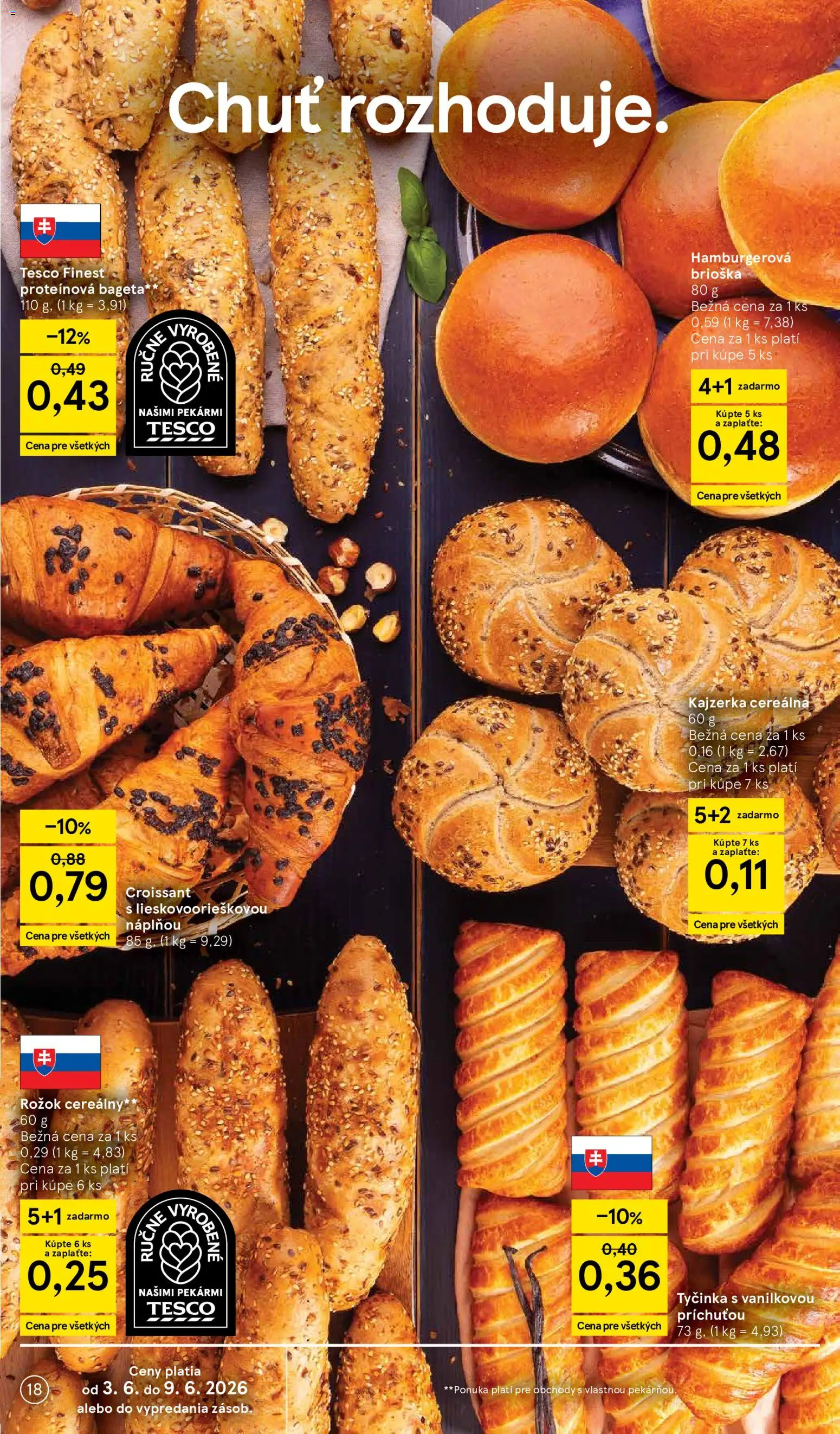 Nové Tesco akcie – leták je platný od 03.06.2026 | Strana: 18 | Produkty: Rožok, Protein, Bageta, Brioška