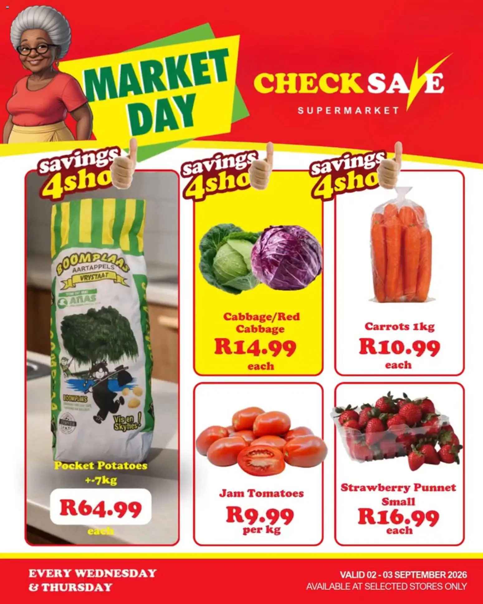 New Check Save catalogue – valid from 02/09/2026 | Page: 1 | Products: Jam, Tomatoes, Carrots, Potatoes