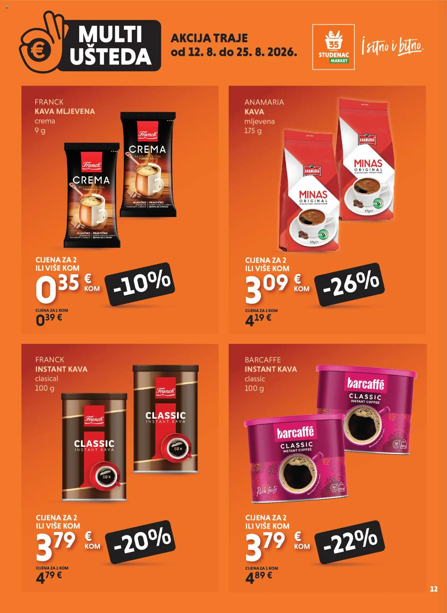 Studenac katalog | vrijedi od 12.08.2026 | Stranica: 12 | Proizvodi: Kava instant, Instant kava, Mljevena kava, Kava