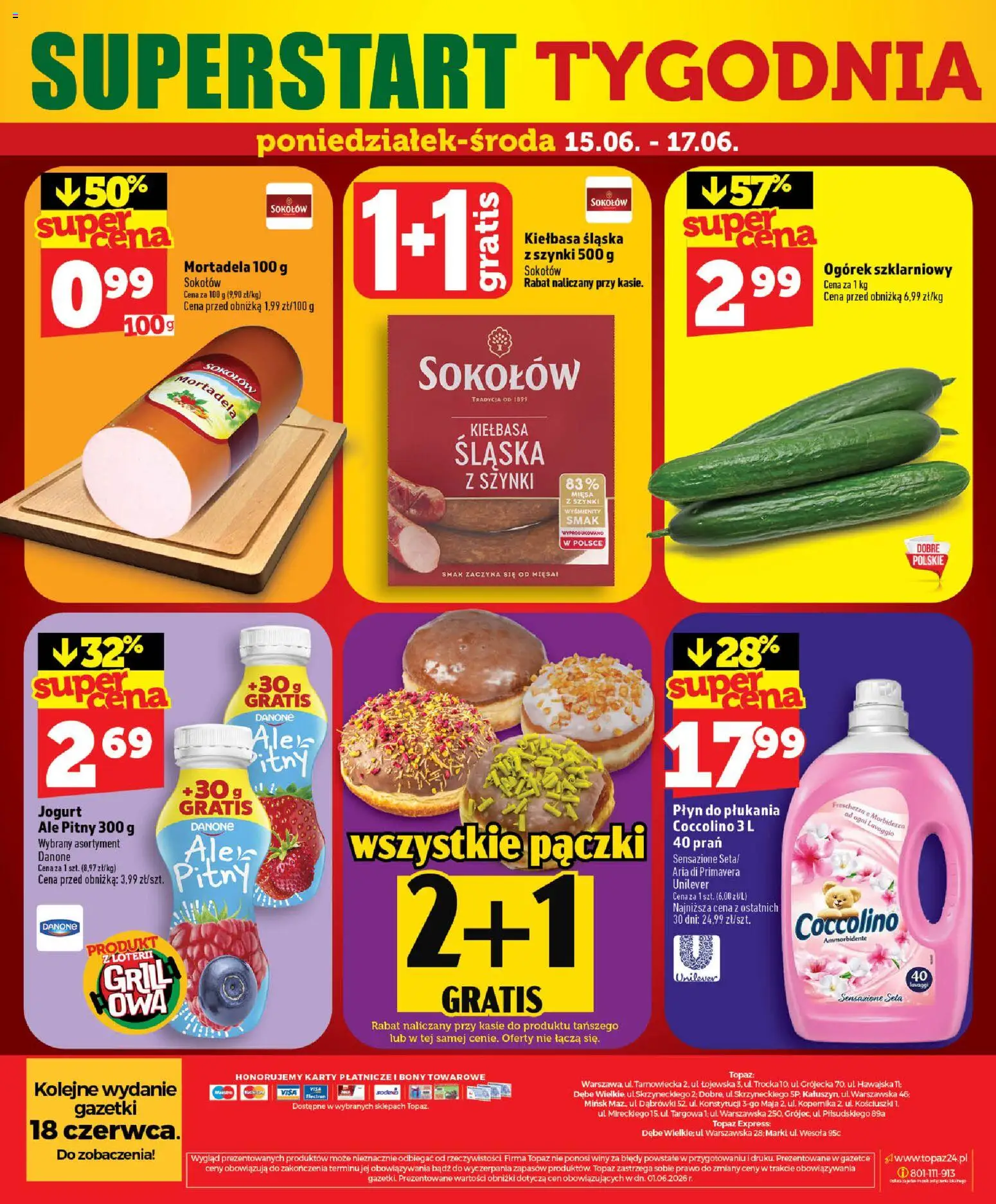 Topaz gazetka - MAZ od 11.06.2026 | Strona: 62 | Produkty: Pączki, Coccolino, Kiełbasa śląska, Jogurt