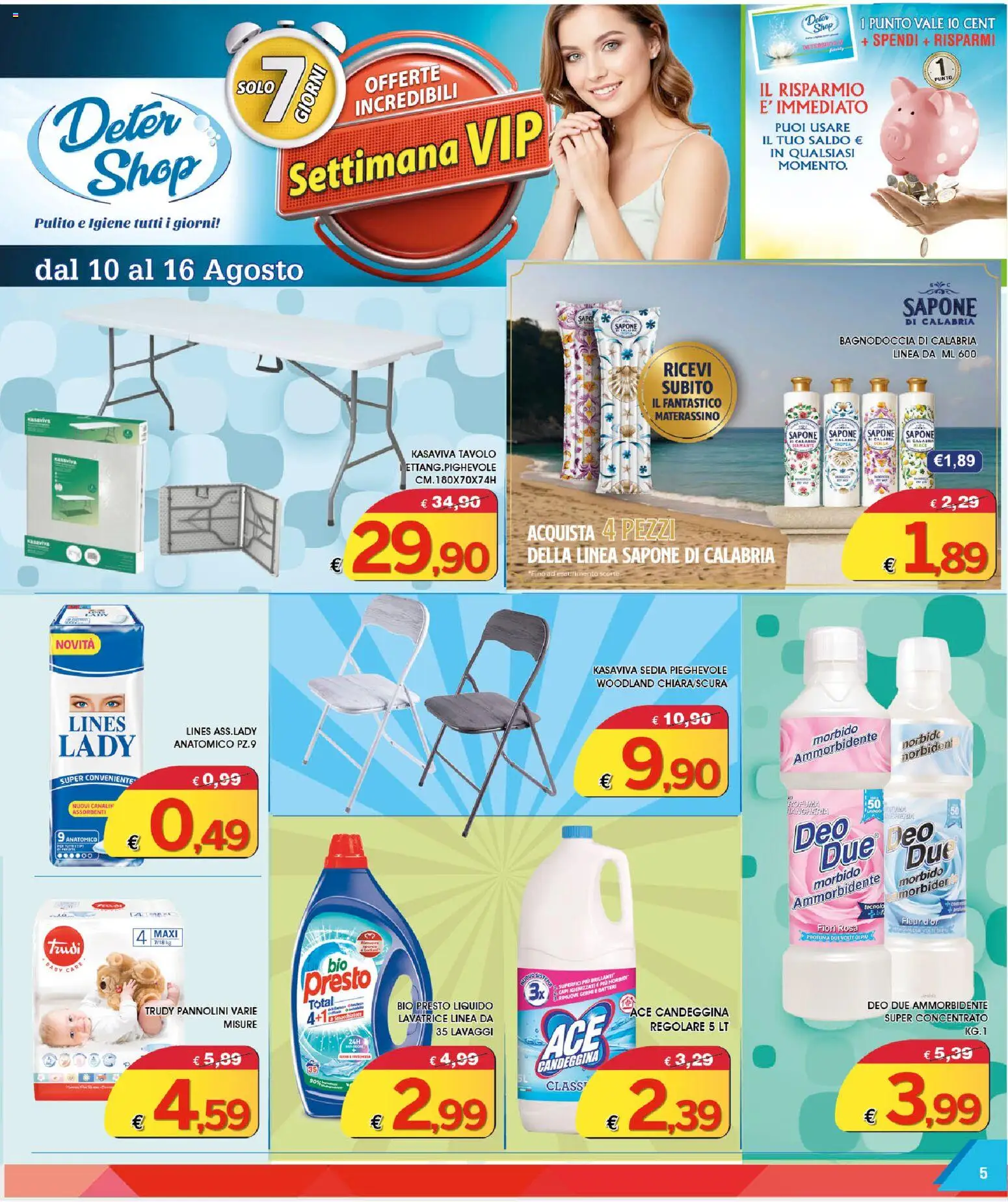 Volantino Deter Shop del 01/08/2026 | Pagina: 5 | Prodotti: Pannolini, Candeggina, Lavatrice, Sedia