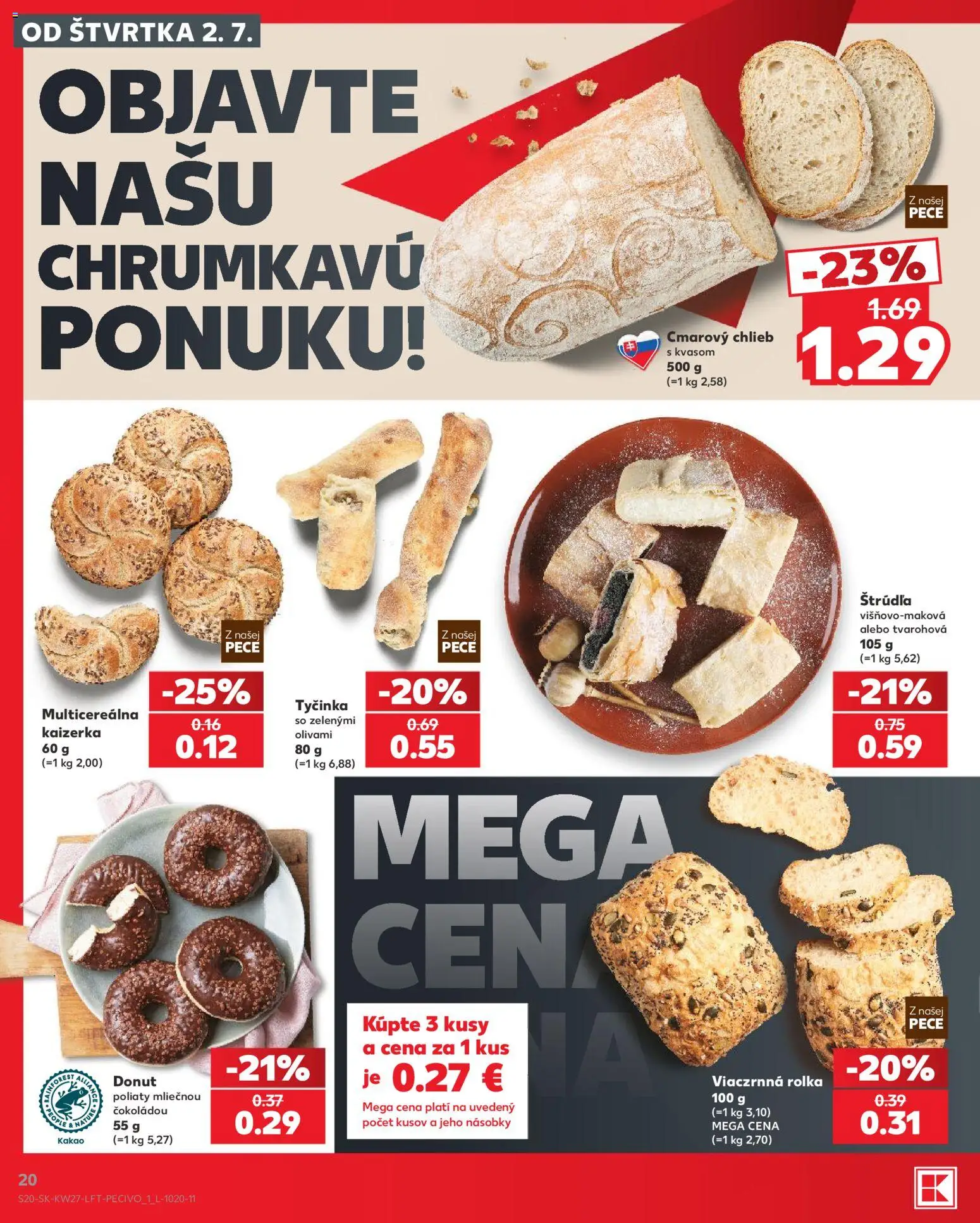 Nové Kaufland akcie – leták je platný od 02.07.2026 | Strana: 20 | Produkty: Chlieb, Donut, Kakao
