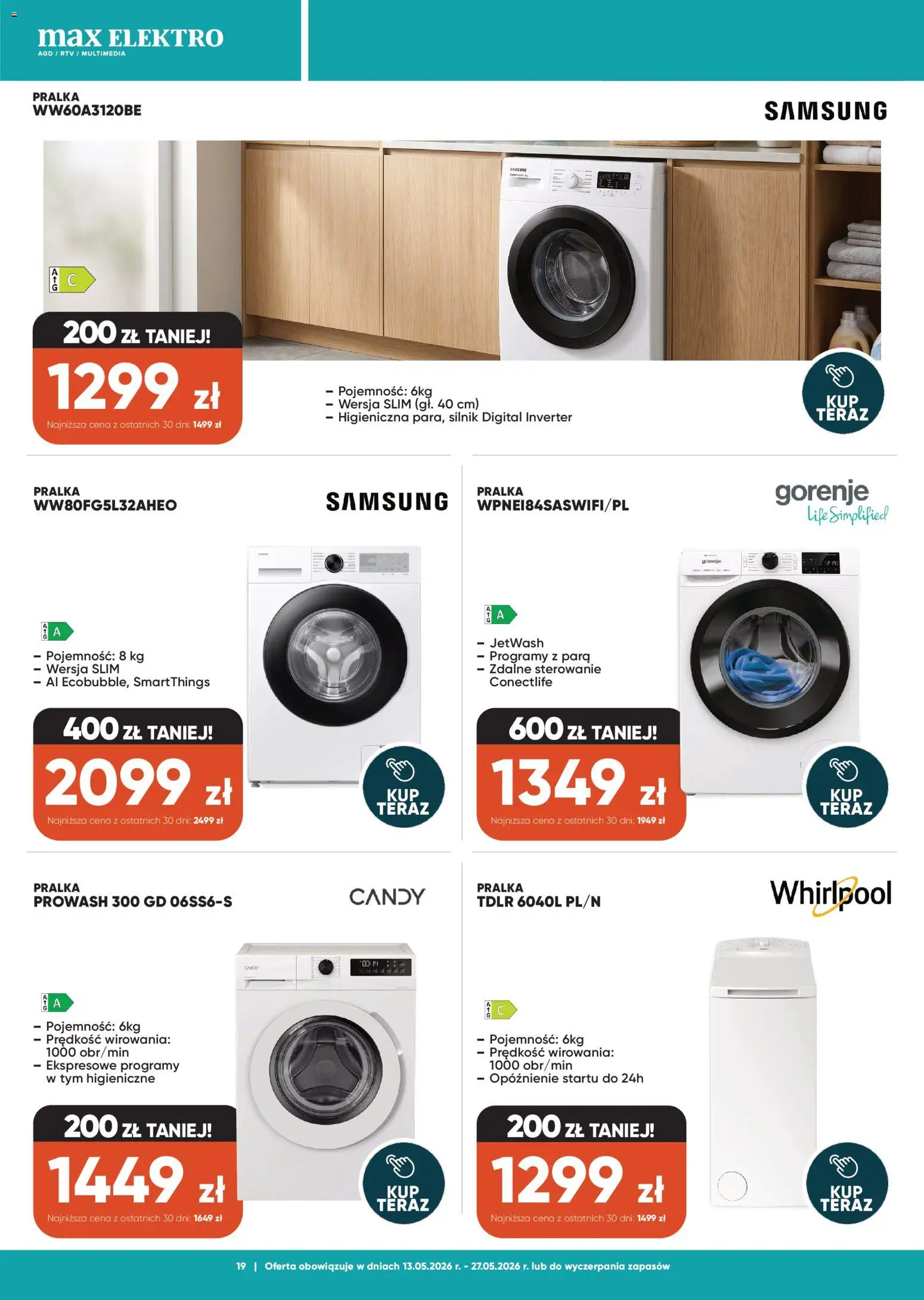 Max elektro gazetka od 13.05.2026 | Strona: 19 | Produkty: Pralka