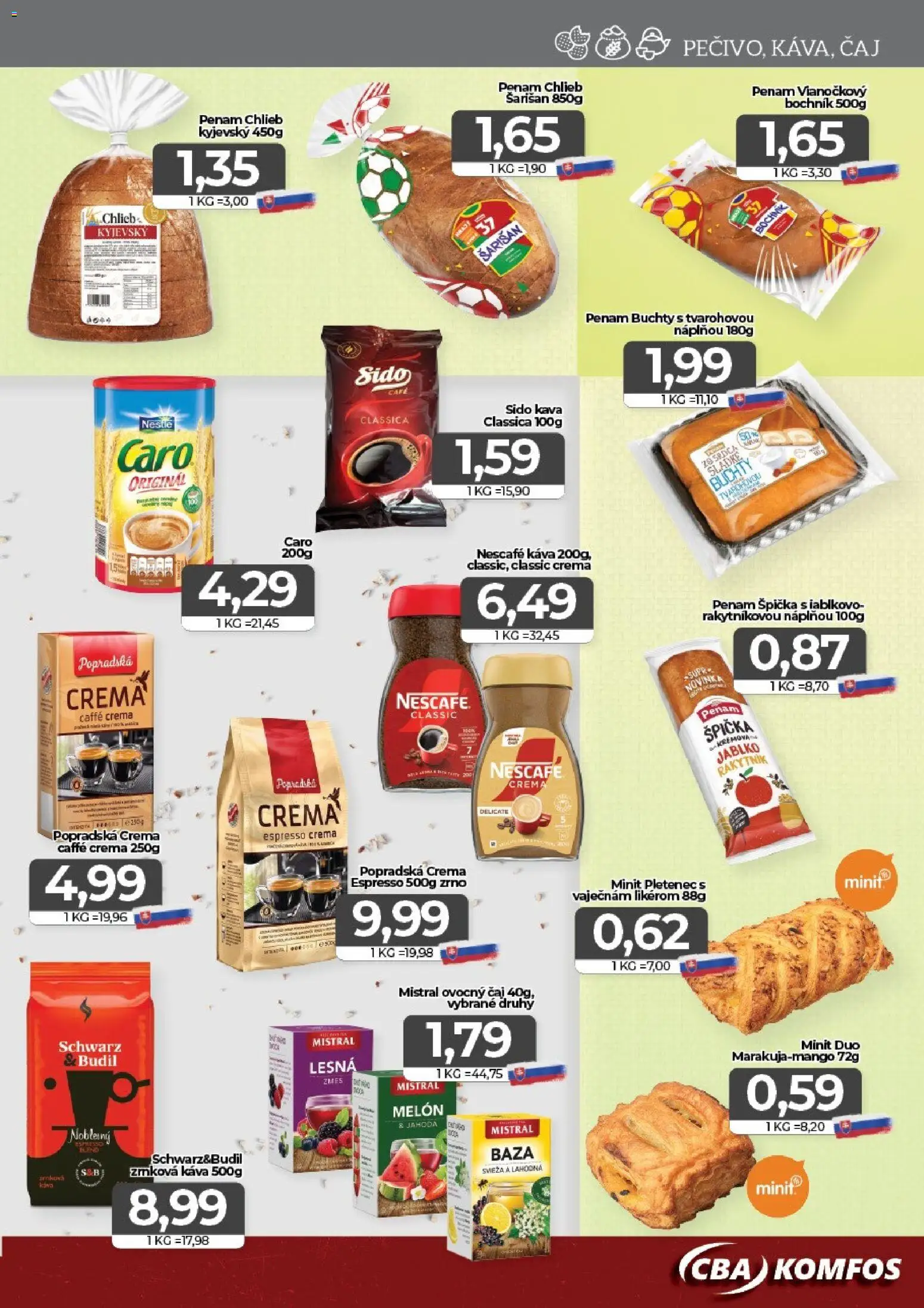 Nové CBA Komfos akcie – leták je platný od 17.07.2026 | Strana: 9 | Produkty: Chlieb, Čaj, Caro, Melón