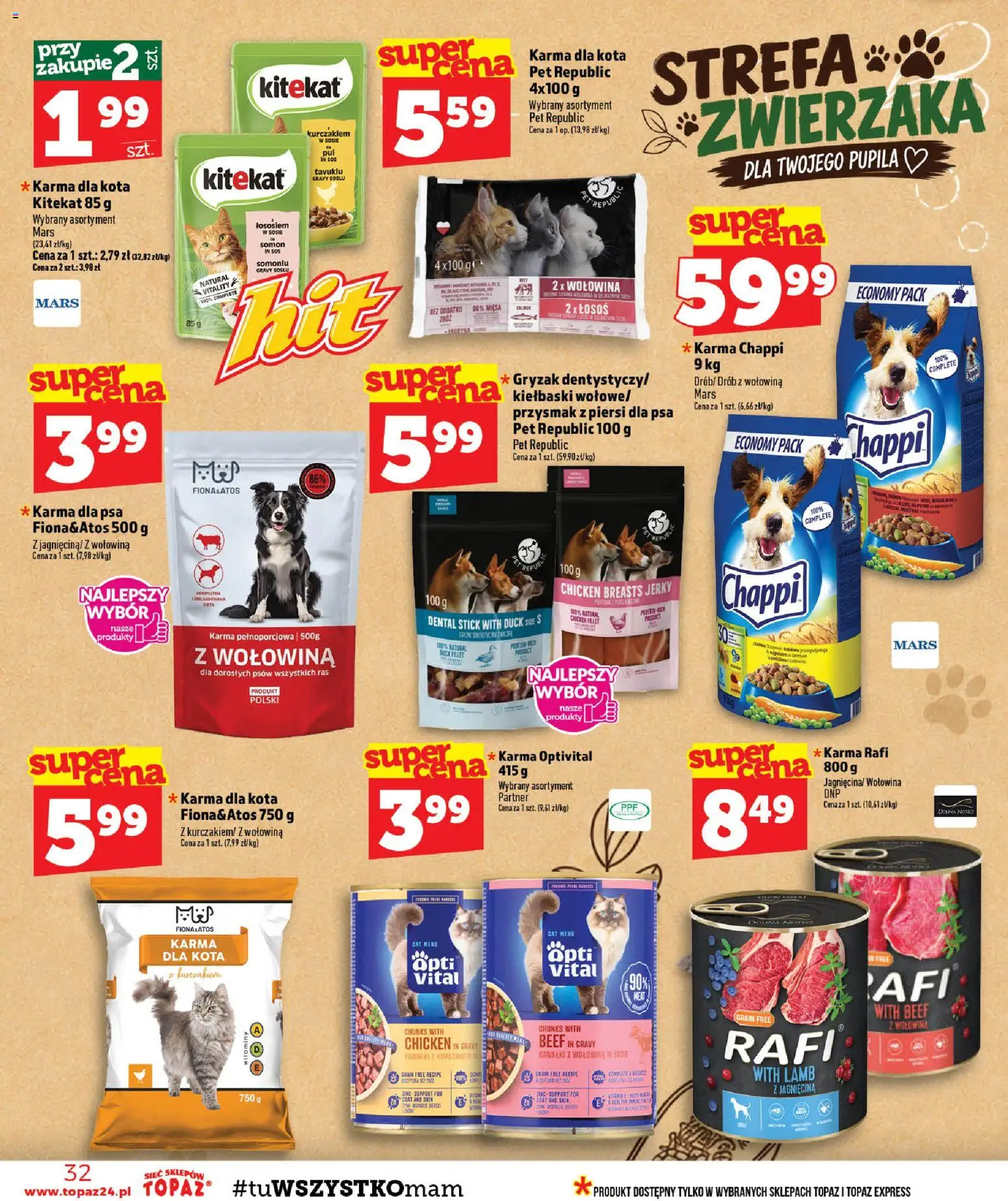 Topaz gazetka - MAZ od 08.10.2026 | Strona: 32 | Produkty: Kiełbaski, Łosoś, Karma dla kota, Sos