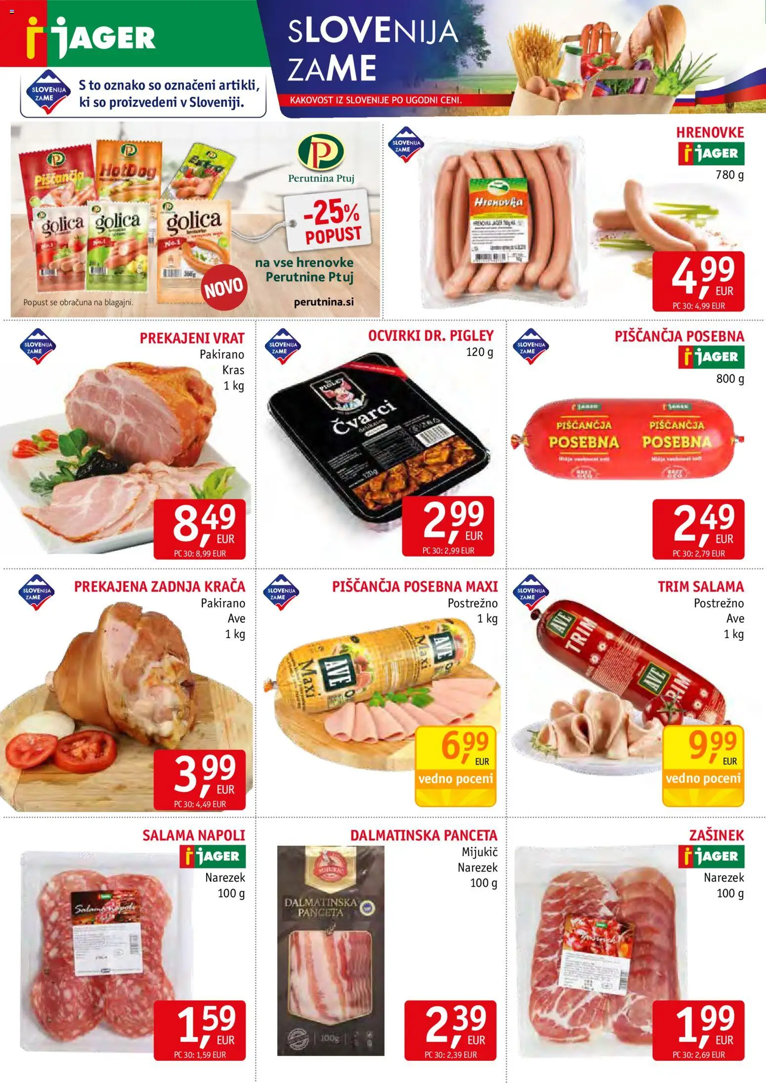Novi Jager katalog ponudbe – veljaven od 24.06.2026 | Stran: 2 | Izdelki: Panceta, Narezek, Ocvirki, Salama