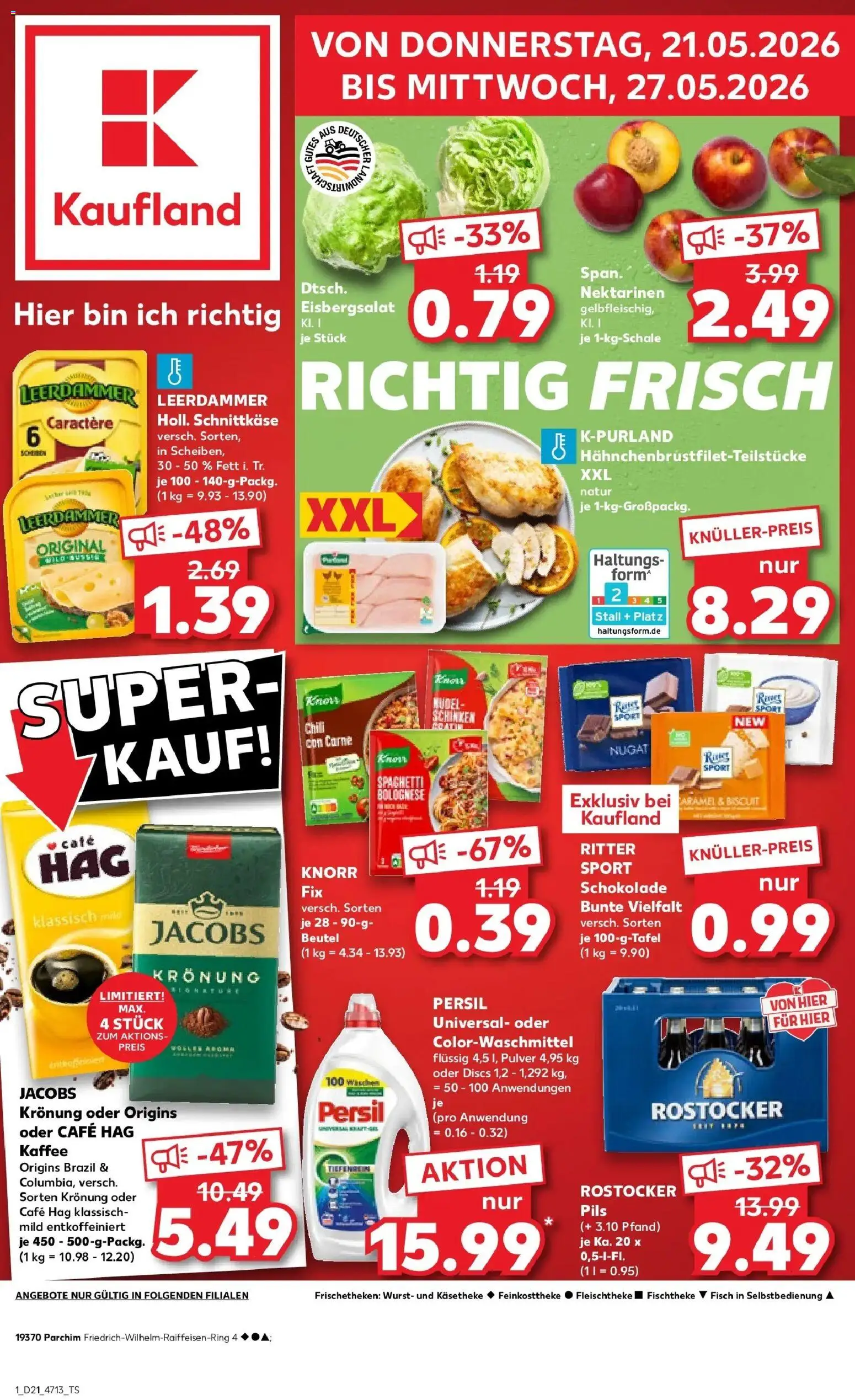 Kaufland Prospekt Parchim – gültig ab 21.05.2026 | Seite: 1 | Produkte: Knorr fix, Ritter sport, Pils, Leerdammer