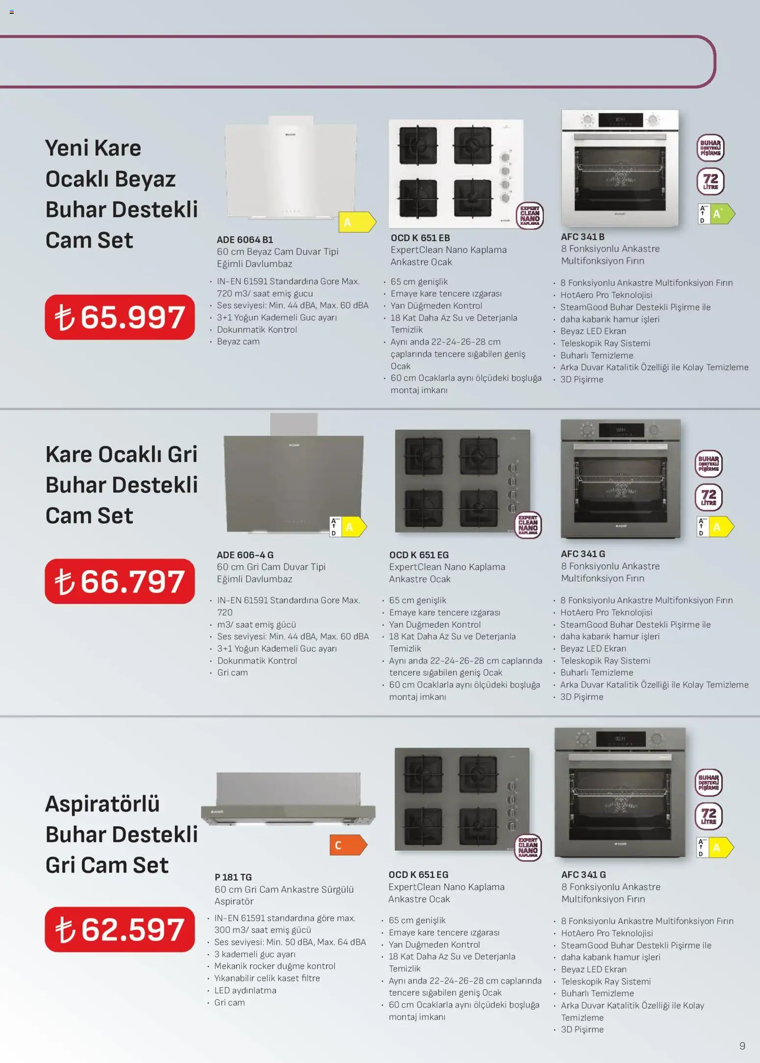 Arçelik - Ankastre Kataloğu - 01 Ağustos 2026 tarihinden itibaren geçerlidir | Sayfa: 9 | Ürünler: Davlumbaz, Saat, Ses, Fırın
