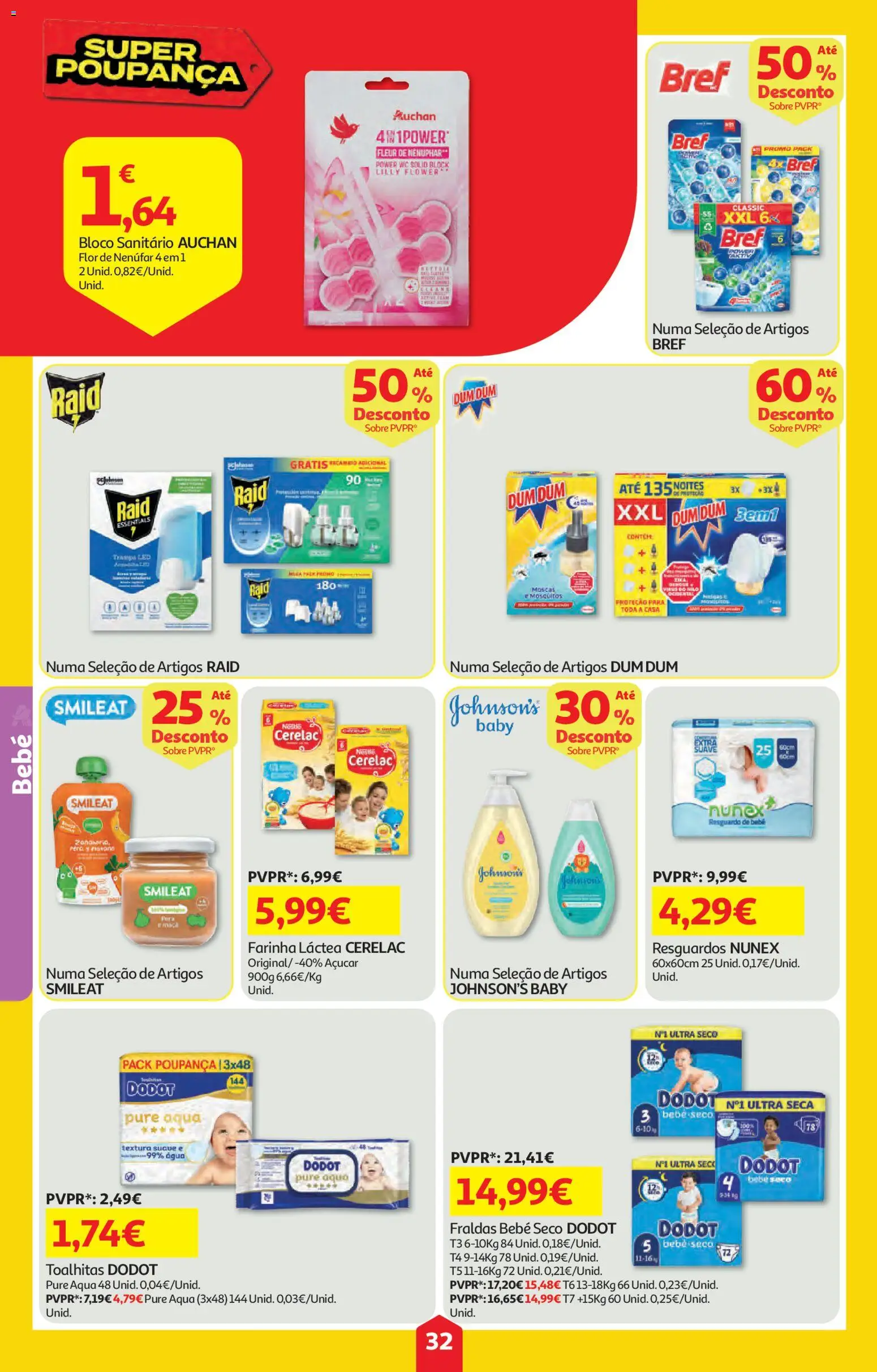 Auchan folheto │ válido de 09/07/2026 | Página: 32 | Produtos: Agua, Farinha láctea, Fraldas, Açúcar