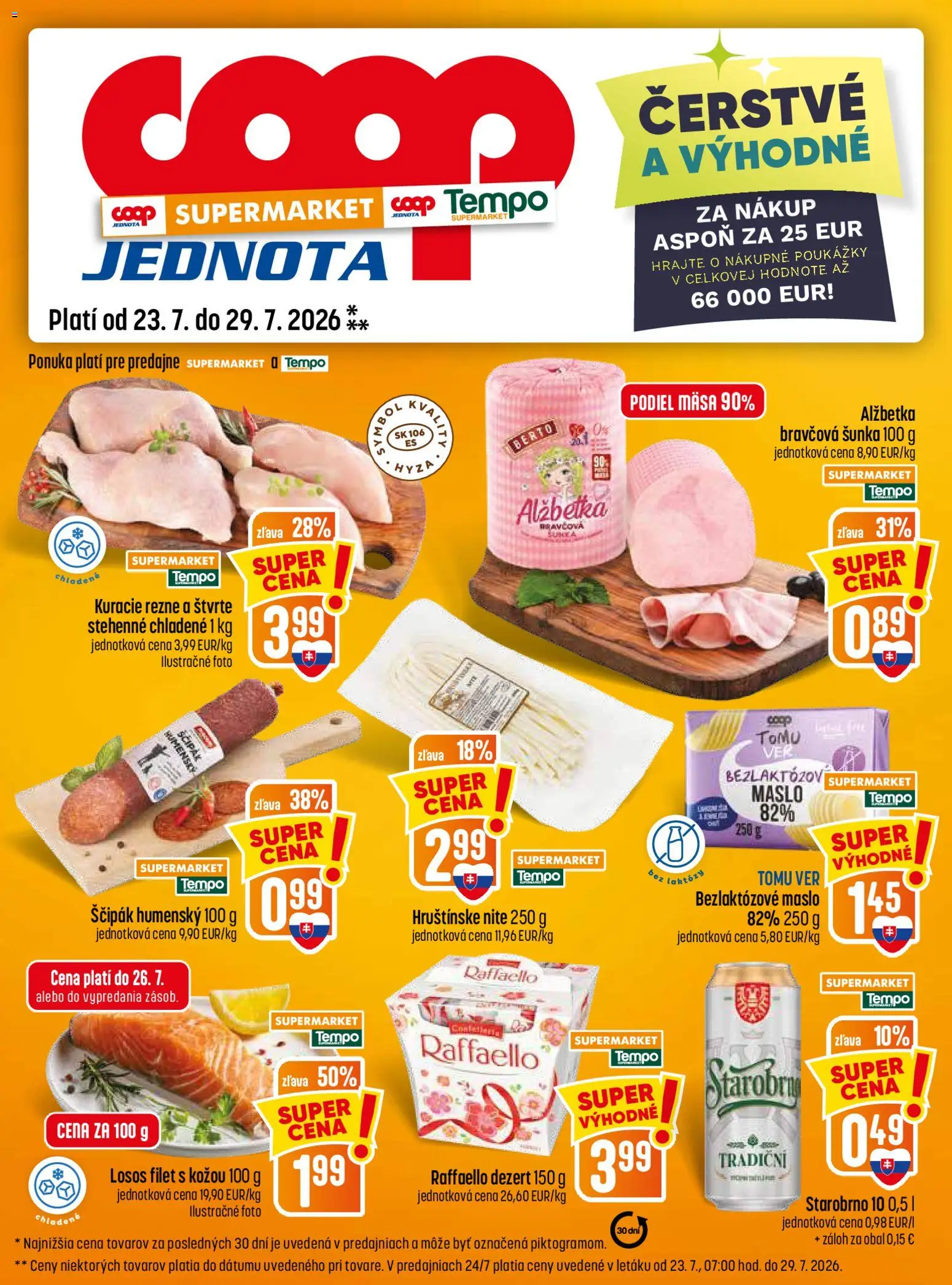 Nové COOP Jednota akcie – leták je platný od 23.07.2026 | Strana: 13 | Produkty: Maslo, Šunka, Kuracie rezne, Losos