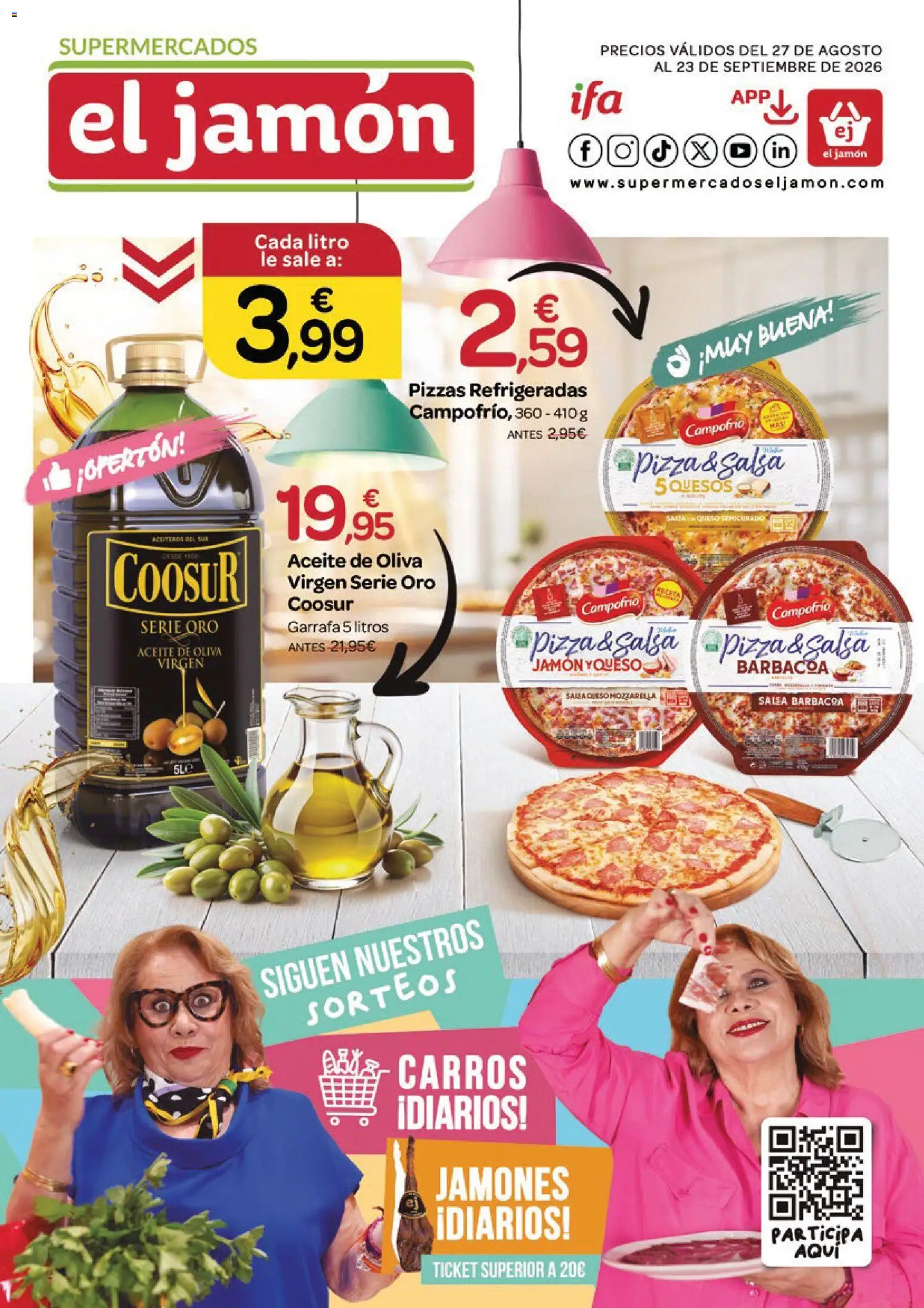 Supermercados El Jamón folleto │ válido desde el 27/08/2026 | Página: 1 | Productos: Aceite, Jamón, Mozzarella, Salsa barbacoa