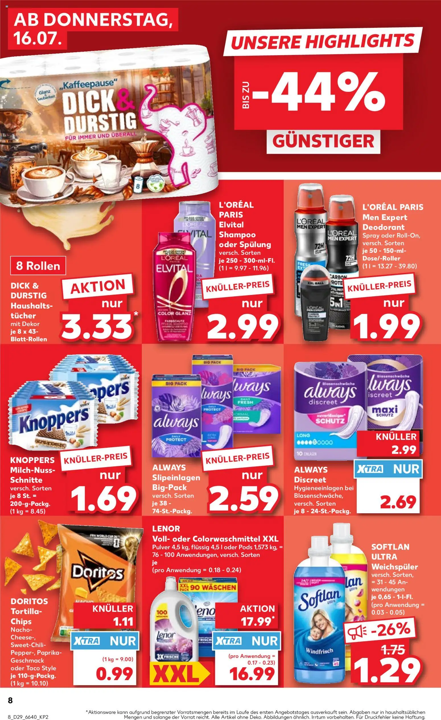 Kaufland Prospekt – gültig ab 16.07.2026 | Seite: 8 | Produkte: Lenor, Shampoo, Weichspüler, Knoppers