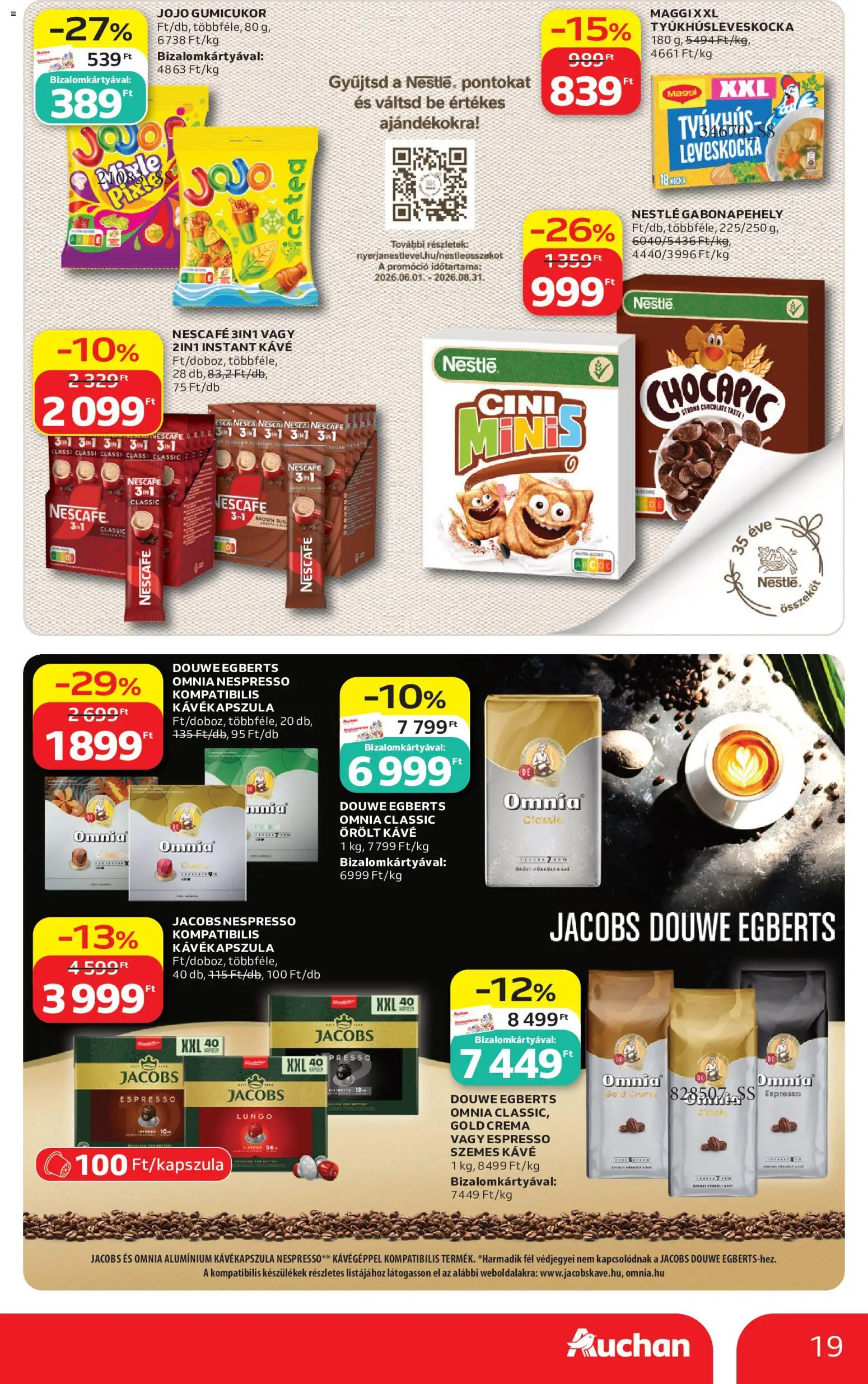 Auchan akciós ujság - amely érvényes a következő dátumtól: 2026.07.09. | Oldal: 19 | Termékek: Gabonapehely, Gumicukor, Maggi, Őrölt kávé