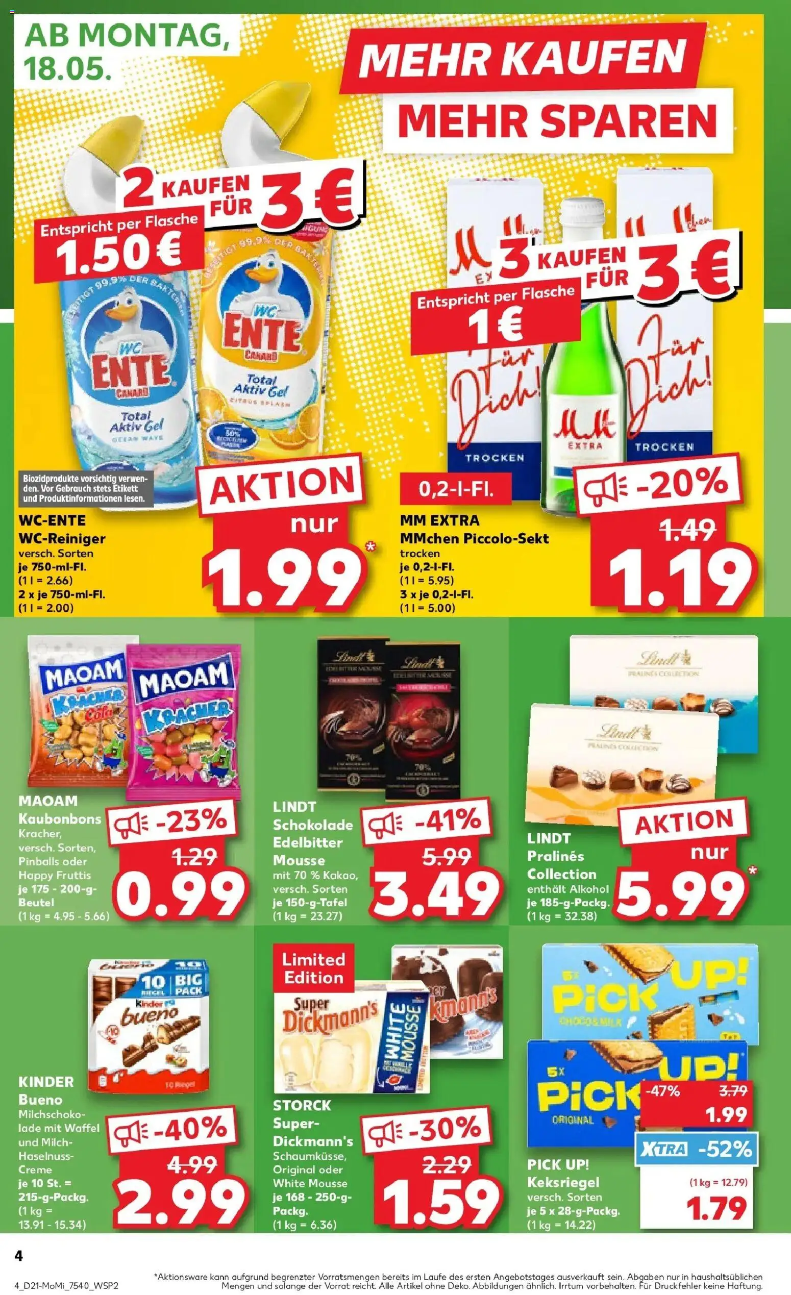 Kaufland Prospekt Schönebeck (Elbe) – gültig ab 18.05.2026 | Seite: 4 | Produkte: Milch, Kinder bueno, Lindt, Ente