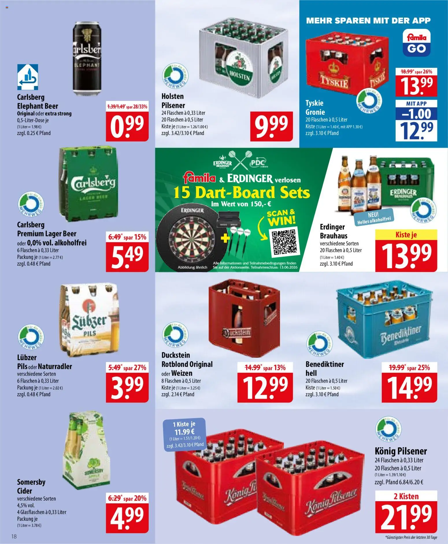 Famila Prospekt – gültig ab 01.06.2026 | Seite: 18 | Produkte: Tyskie, Carlsberg, Pils, Lubzer