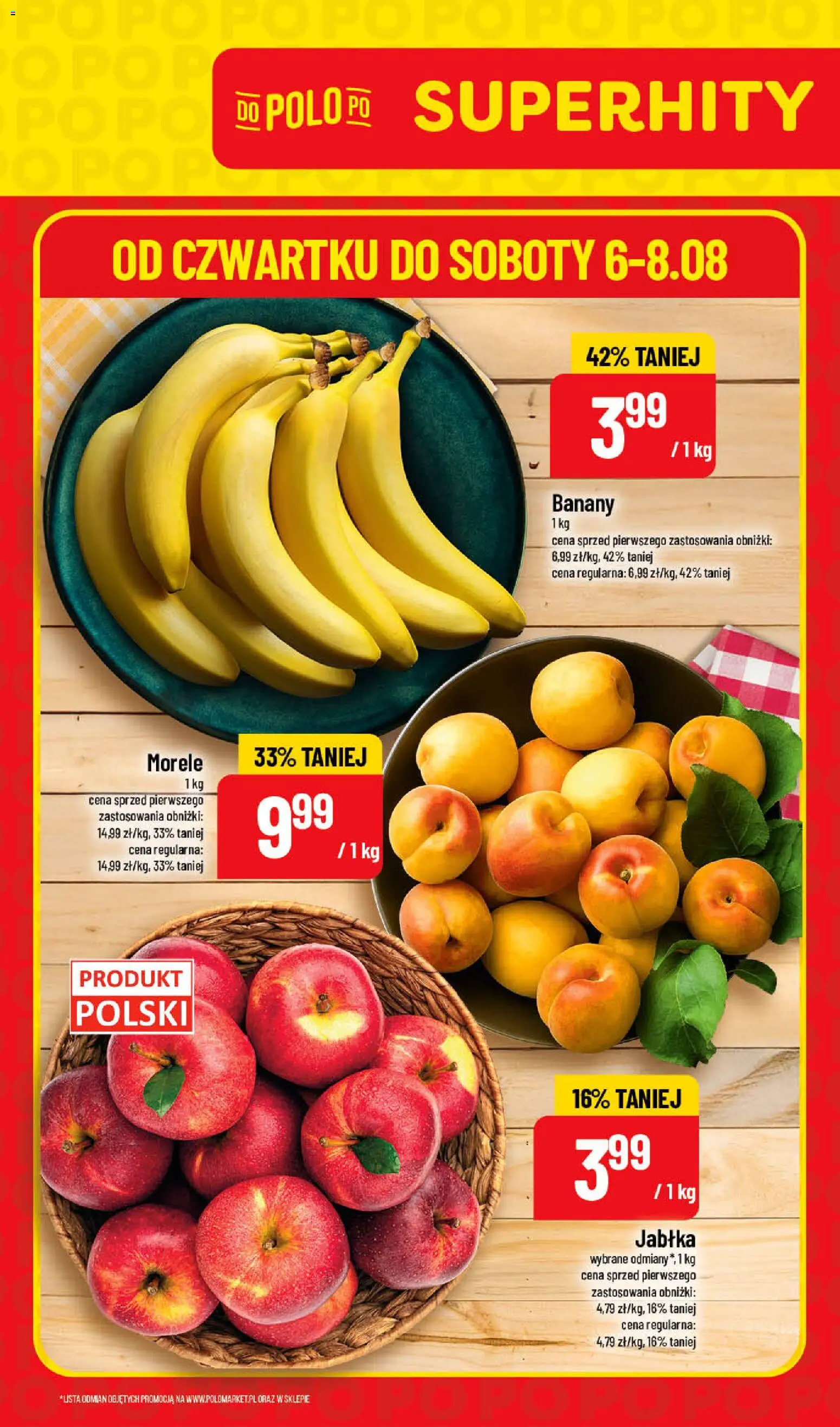 Nowa POLOmarket gazetka od jutra 06.08.2026 | Strona: 1 | Produkty: Morele, Jabłka, Banany