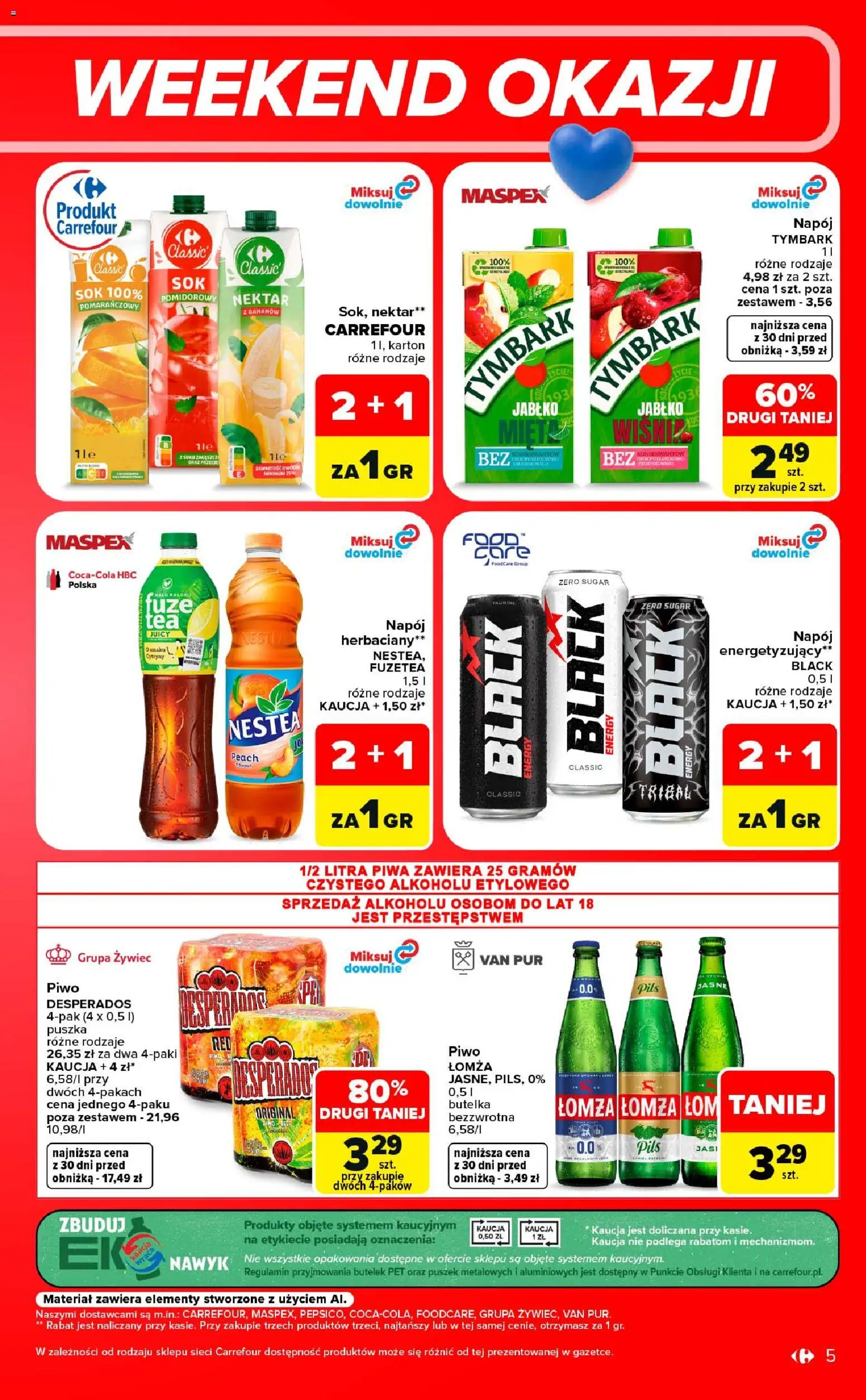 Carrefour gazetka - Weekend okazji od 24.09.2026 | Strona: 5 | Produkty: Tymbark, Sok, Piwo, Desperados