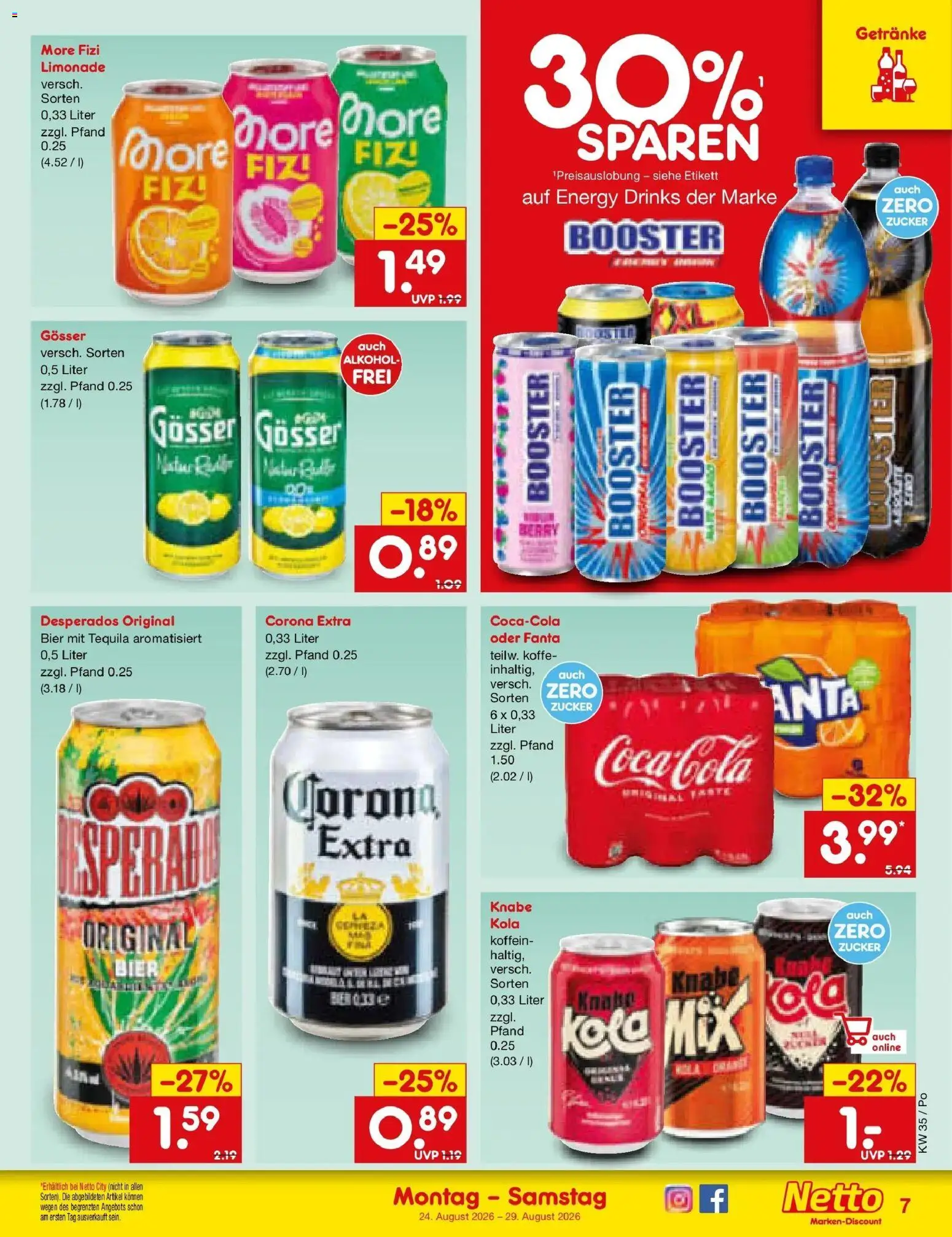 Netto Marken-Discount Prospekt Amberg (ab 24.08.2026) » Angebote | Seite: 7 | Produkte: Coca cola, Fanta, Bier, Desperados