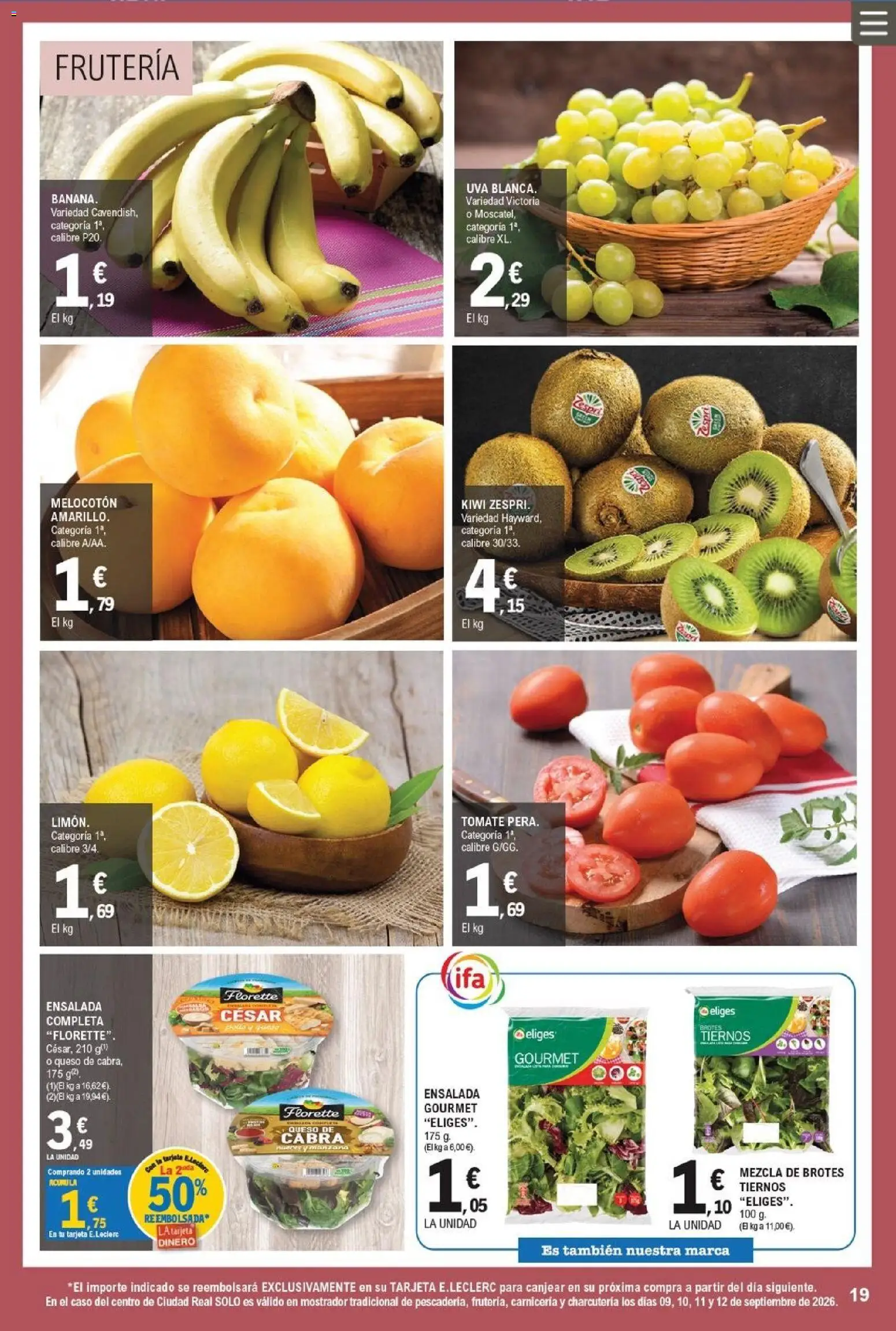 E.Leclerc Pamplona │ válido desde el 09/09/2026 | Página: 19 | Productos: Queso, Tomate, Kiwi, Ensalada